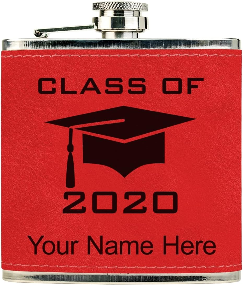 Faux Leather Flask, Grad Cap Class of 2023, 2024, 2025, 2026, 2027, Personalized Engraving Included (Gray)