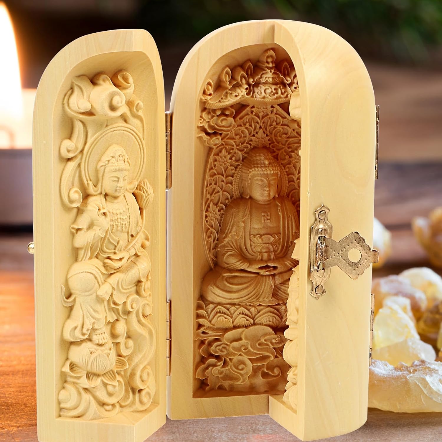 ARTIBETTER Buddha Statue Wooden Figurine 3.93 Inch Hand Carved Buddhist Sculpture Compact Home Office Desk Decor Space-Saving Ornament