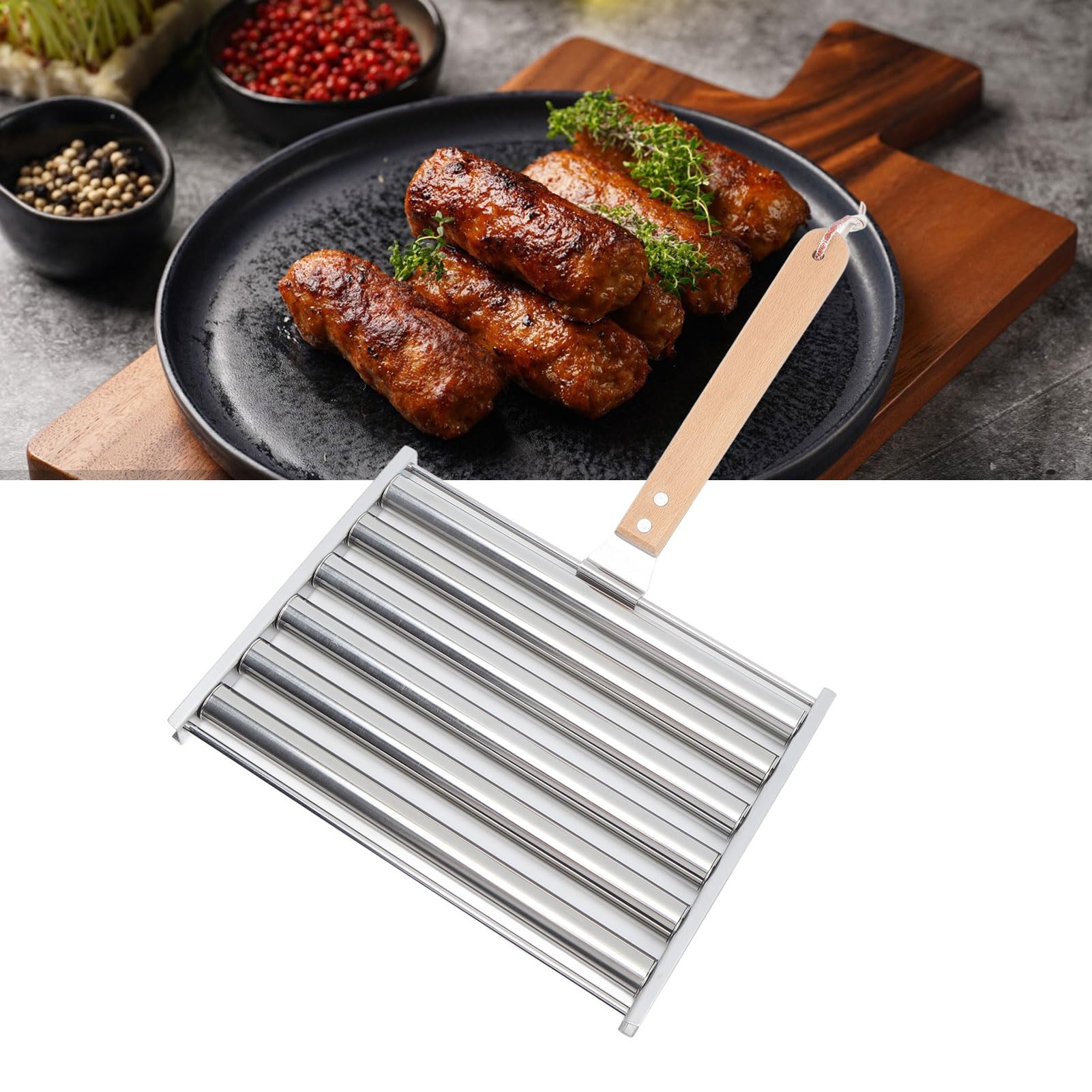 Fdit Hot-Dog-Roller für Mädchen, Abnehmbarer Hot-Dog-Wurstroller aus Edelstahl, Dampfgarer mit Extra Langem Holzgriff, BBQ-Hot-Dog-Roller für Gleichmäßiges Garen (L)