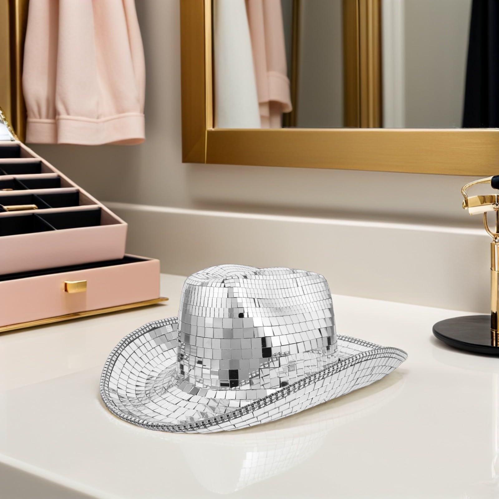 GLEAVI Chapeau de Cowboy Scintillant à Paillettes Argentées, Taille Unique, Accessoire Western pour Cosplay et Festivals de Musique Unisexe