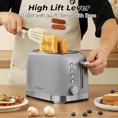 Miniatura 7 de Tostadora de 2 rebanadas de acero inoxidable retro con ranuras extra anchas de 1.5 pulgadas, descongelar, recalentar, cancelar, 6 ajustes de sombra