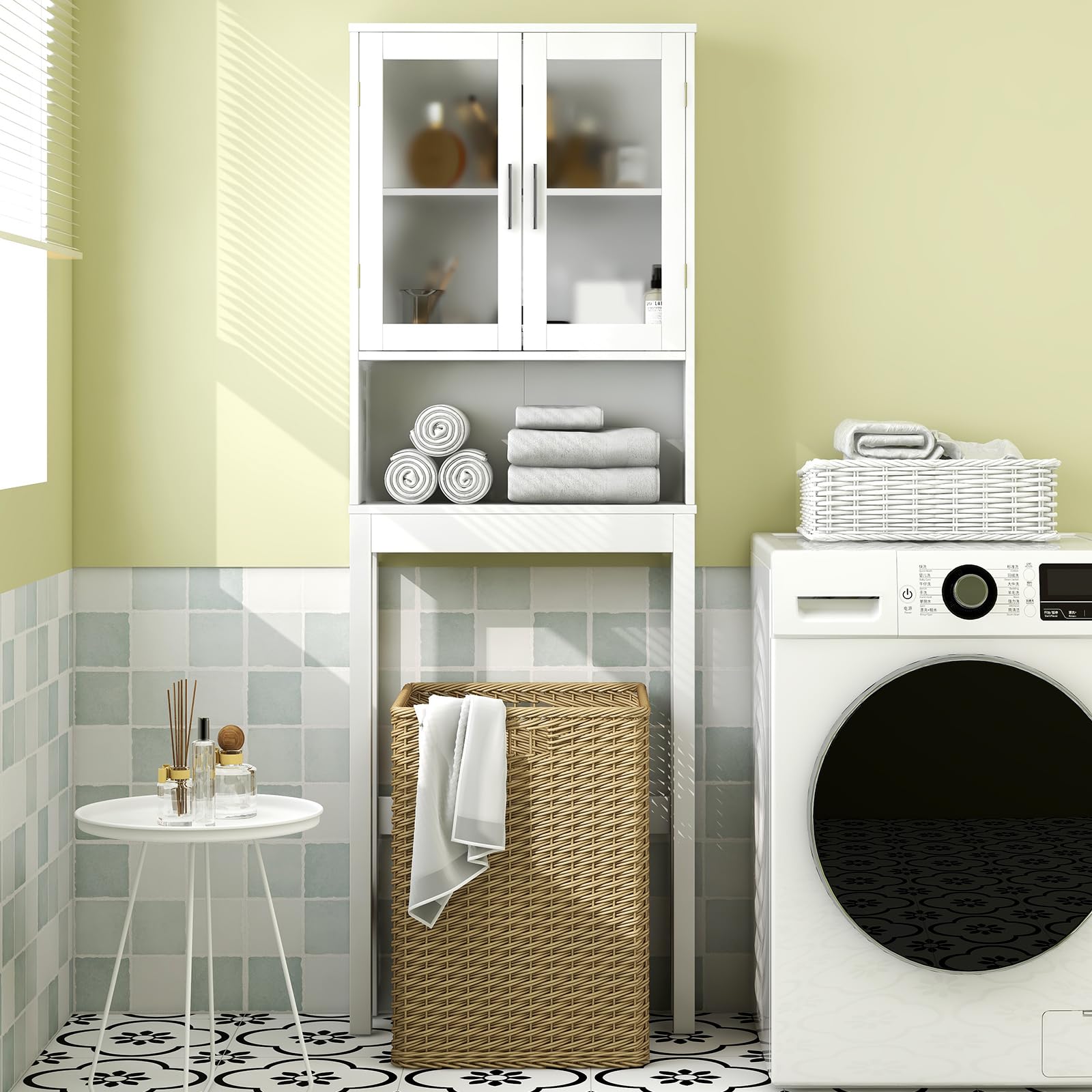 GOPLUS Armario de Almacenamiento sobre el Inodoro, Organizador de Baño con Puerta de Vidrio Templado Doble, Estante Ajustable, Estante Abierto, 170 cm