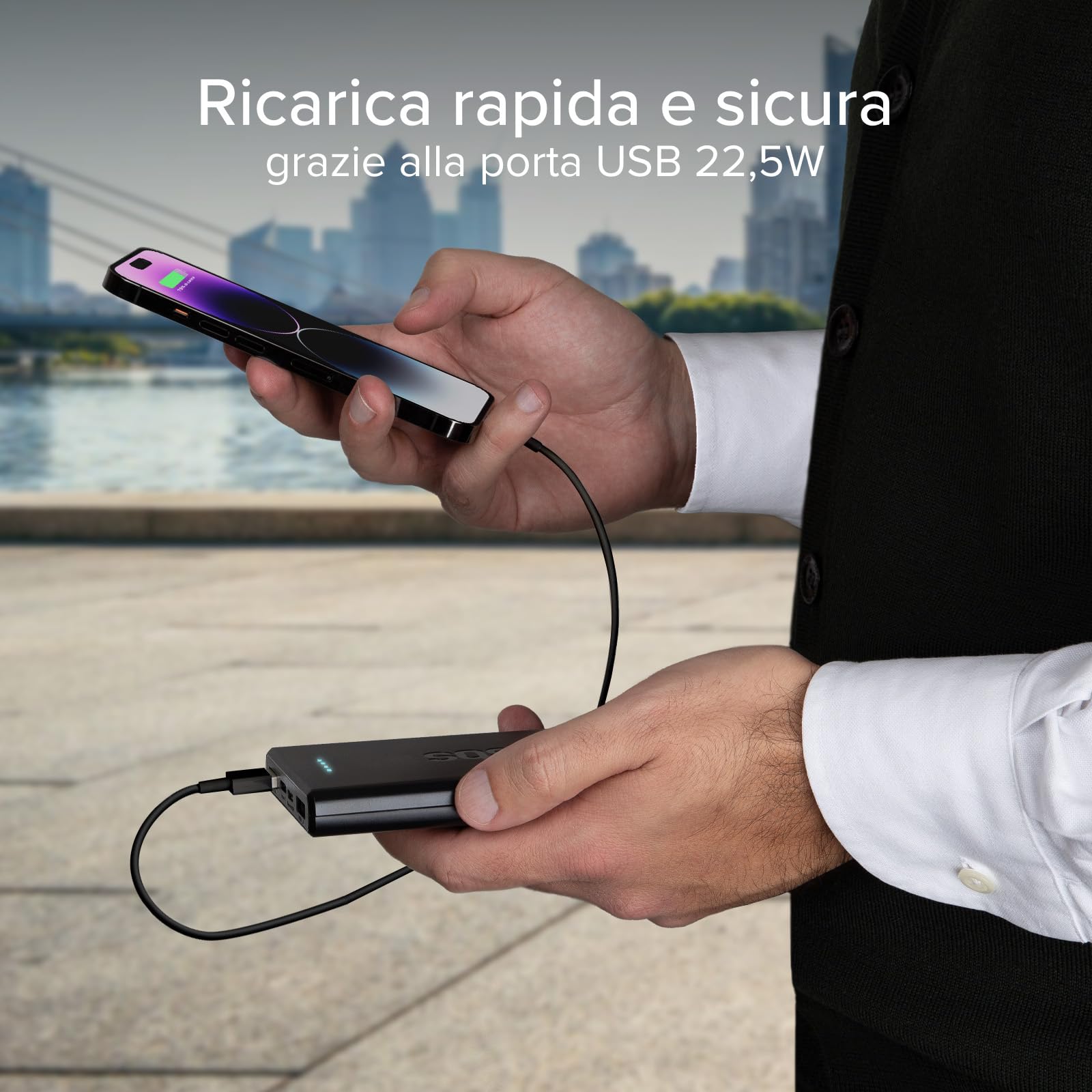 SBS PowerBank 10K FAST, 10000mAh, 22.5W Power Delivery (PD 3.0 PPS) | Power Bank con Ricarica Rapida, LED di Carica, USB-C, USB-A, Caricabatterie Portatile da Viaggio, Design Compatto, Nero