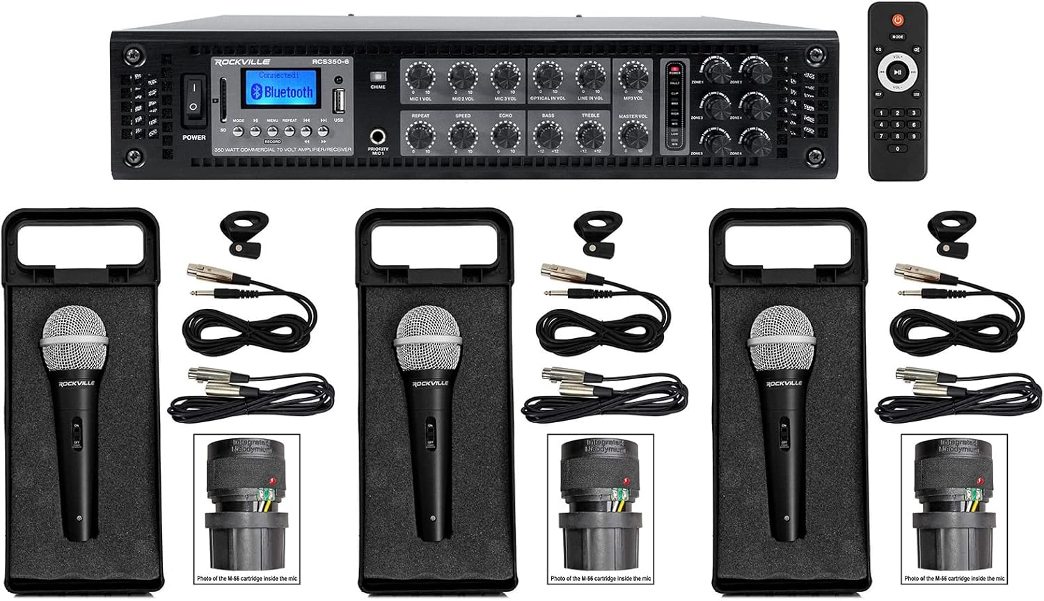 Rockville Commercial Bundle: RCS350-6 350-Watt 6 Zone 70V Amplifier with Bluetooth, (3) RMC-XLR Metal Handheld Dynamic Mics with XLR and XLR to 1/4" Cables, 4-Items