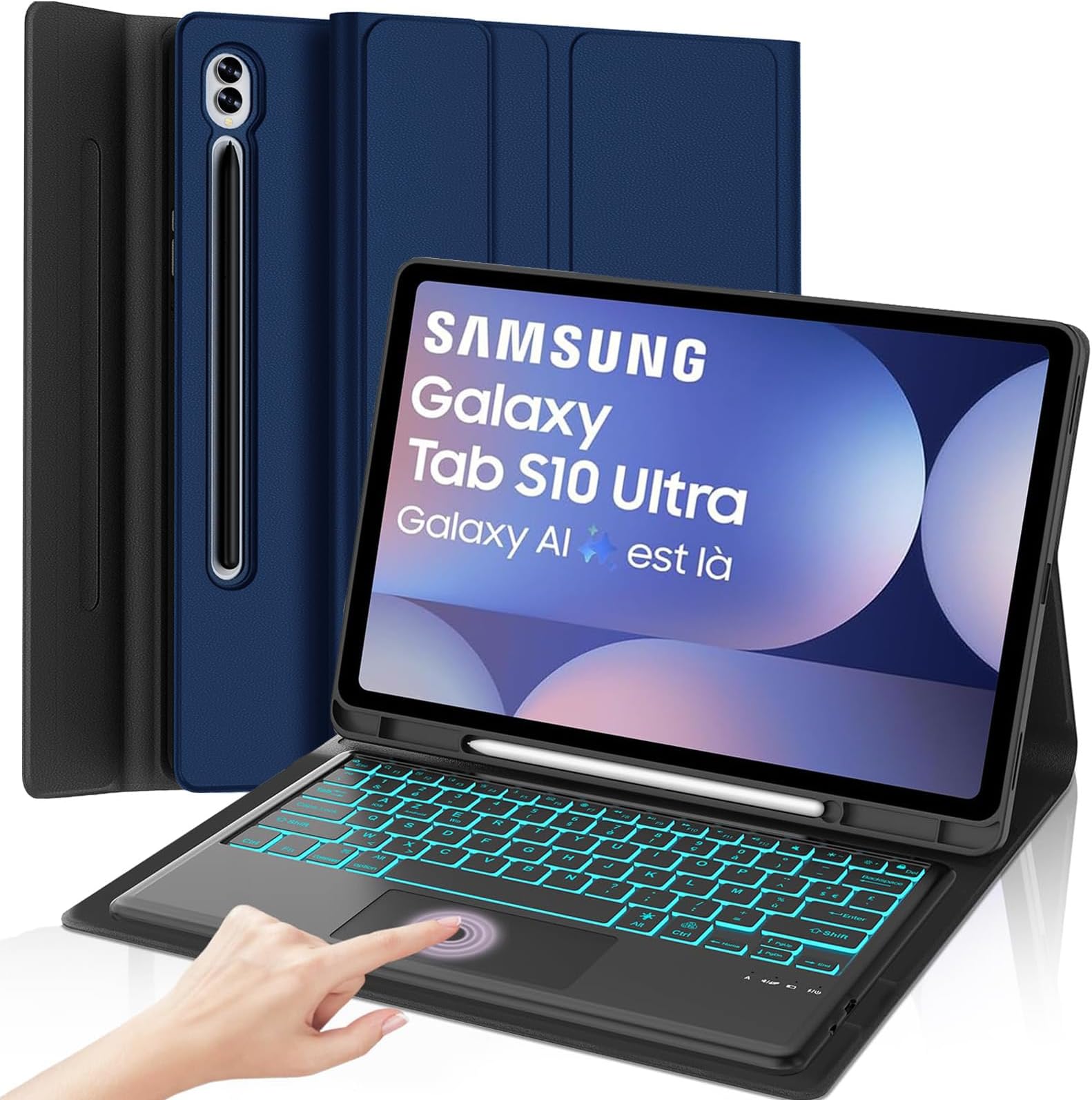 OYOSUOGG Touchpad Galaxy Tab S10/S9/S8 Ultra Keyboard Case, Case with 7 Color Backlit Keyboard, Smart Protective Cover S Pen Holder Auto Sleep/Wake, Navy