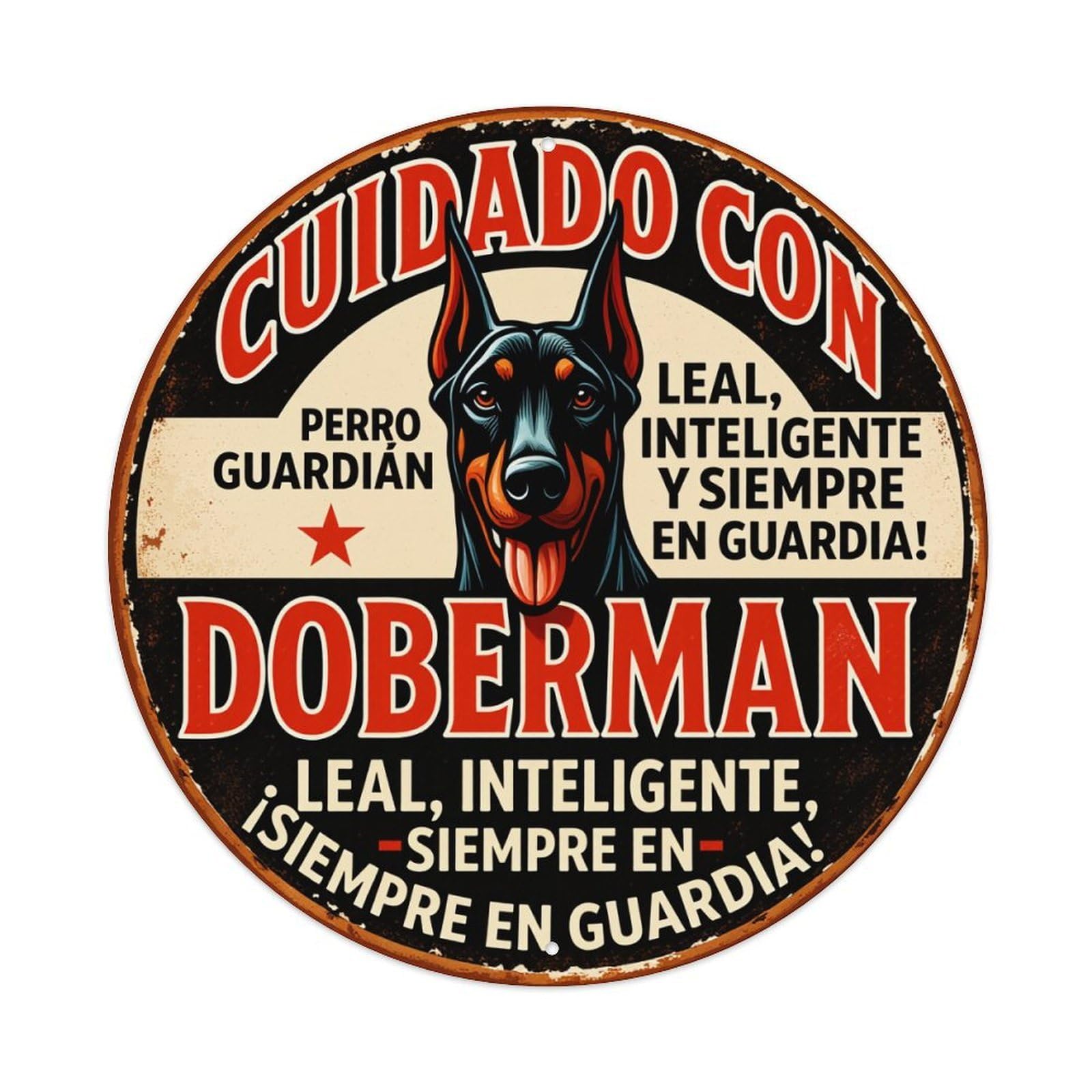 Beware of Doberman, A Loyal And Intelligent Guard Dog Always on Alert Round Tin Sign Vintage Style Metal Sign Home Bar Garden Wall Plaque Decor Metal Poster 8x8 Inch