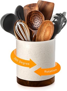 Nucookery 360Rotating Utensil Holder, 7.2" Large Utensil Crock, White Ceramic Cooking Utensil Organizer,Farmhouse Kitchen Decor Christmas Thanksgiving Gift Sand