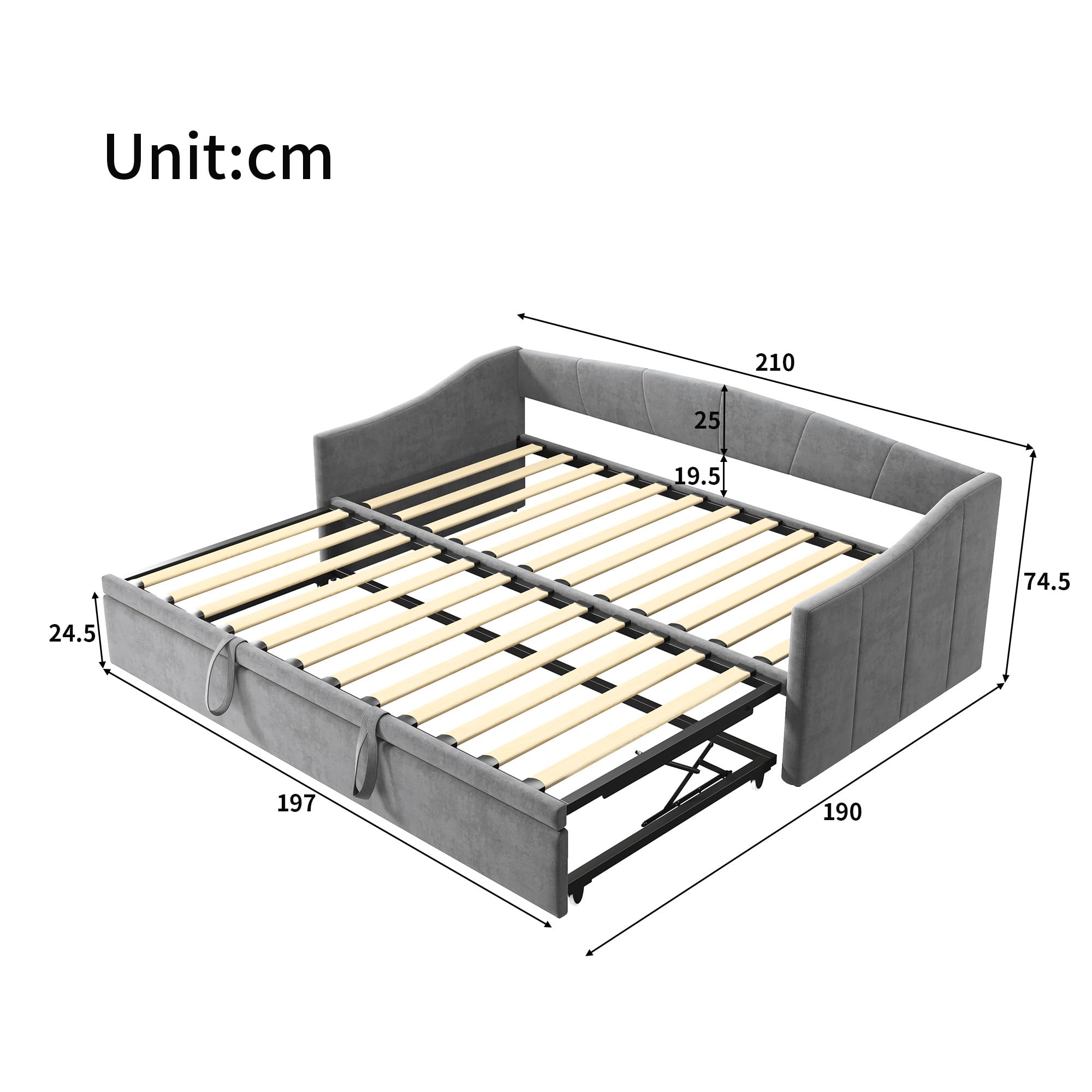 Divano letto 200 cm di larghezza, divano letto allungabile, letto a scomparsa con divano, Murphy Bed 90/180 x 200 cm, letto imbottito allungabile con rete a doghe, letto matrimoniale, tessuto di