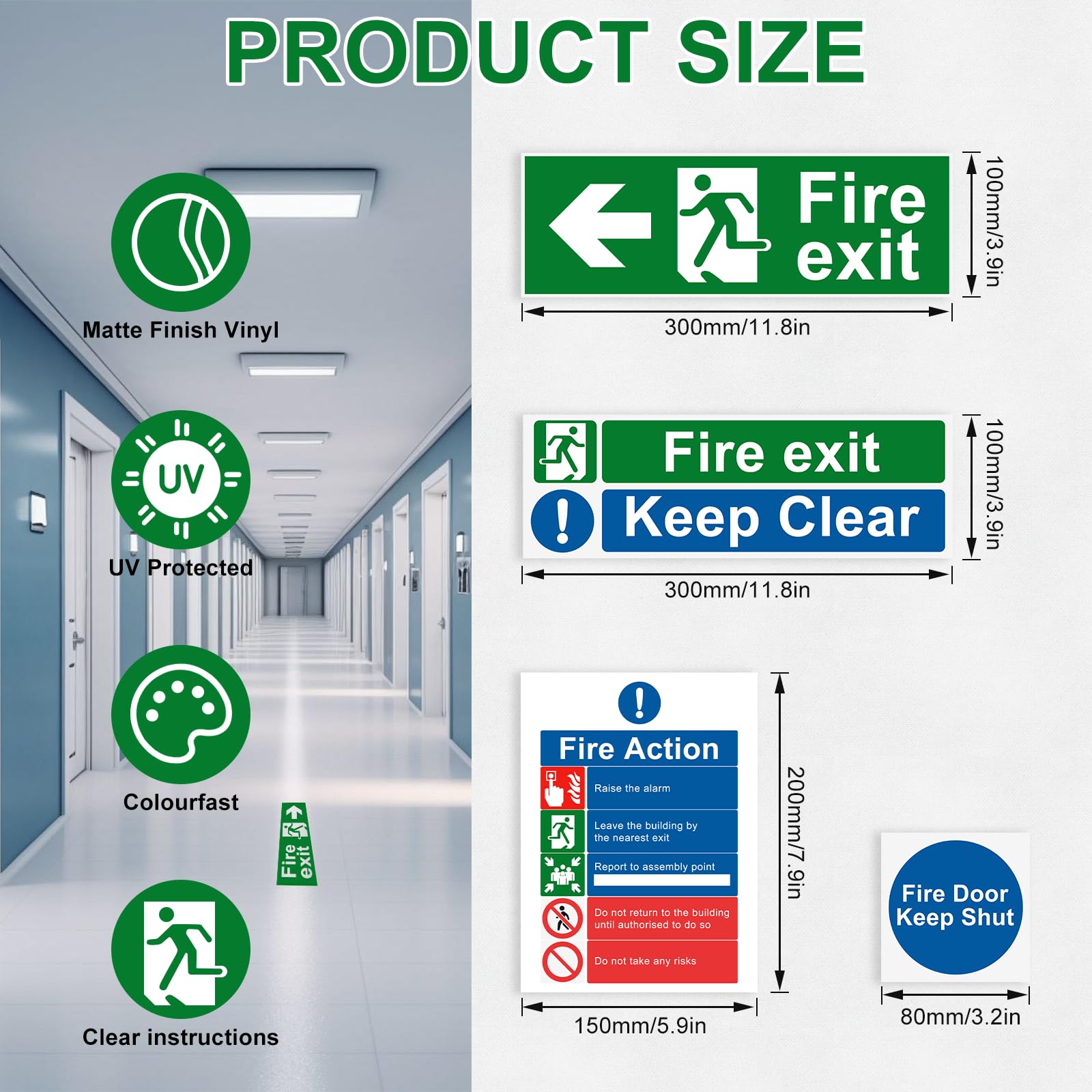 Samamoca 25 Pcs Premium Fire Exit Sign Kit (Right, Left, Up, Down Arrow),Fire Safety Sticker,Fire Signage,Fire Action Notice Sign, Keep Clear, Door Keep Shut - Image 3