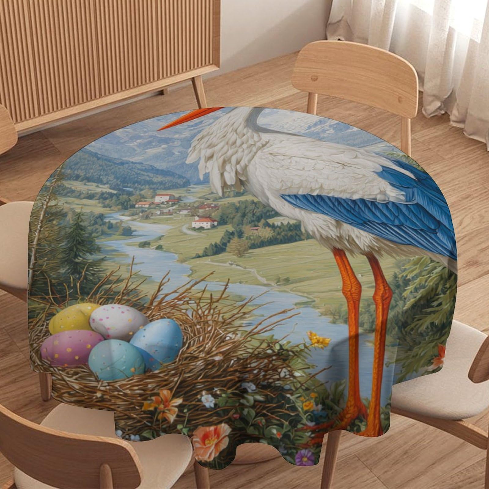 LUYYSKY Beautiful Elegant Bird Crane Round Tablecloth Retro Realistic Spring Landscape Colorful Eggs Animal Crane Washable Decor for Table Cover for Kitchen-127 Wx127 L cm