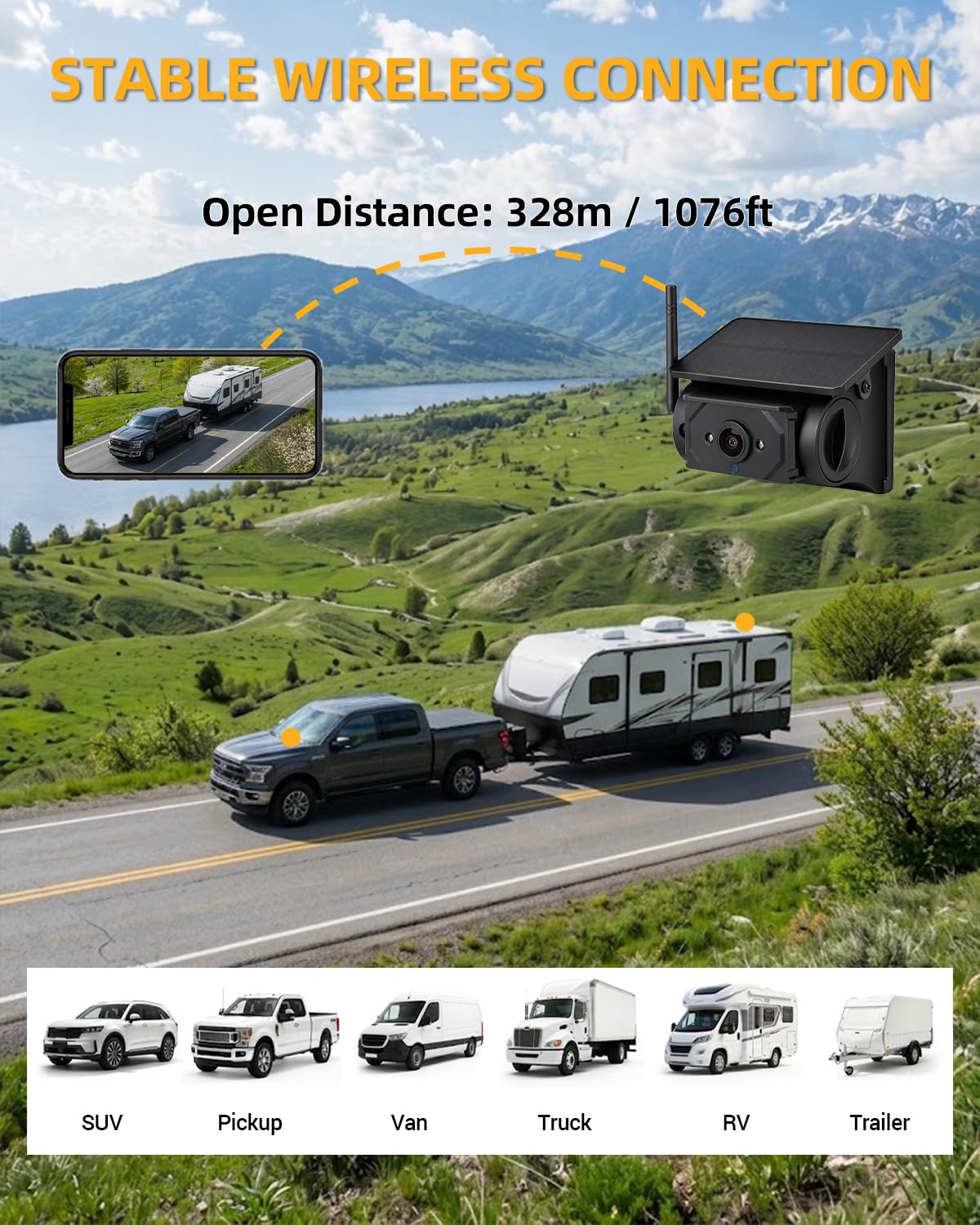 Telecamera retromarcia solare HD wireless magnetica WiFi, batteria 9600mAh, visione notturna IR, impermeabile IP67, per camion, SUV, camper, rimorchi