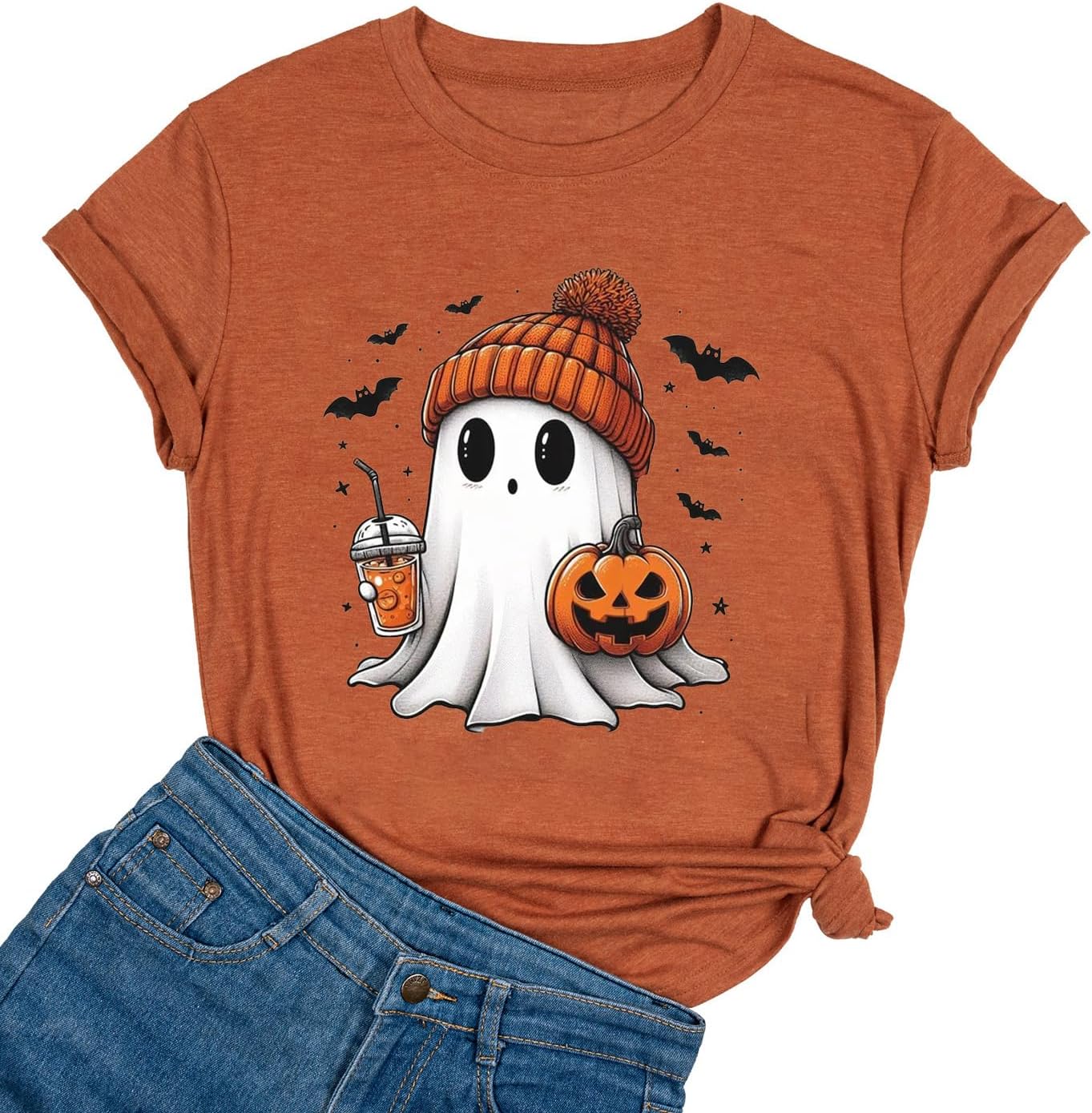 Niashot Women's Fall V-Neck Thanksgiving & Halloween Shirt – Cozy Pull-On Top In Orange (Size S)