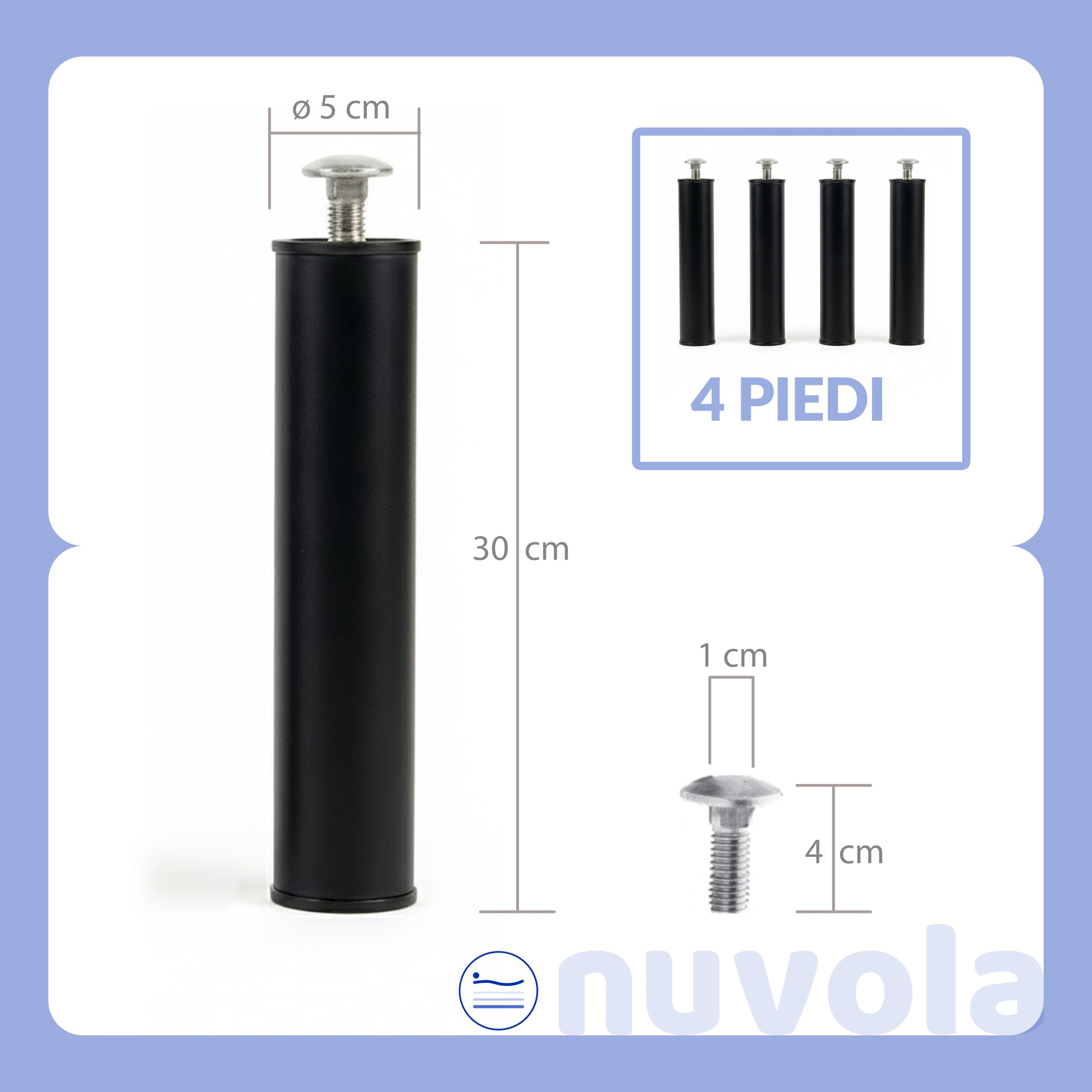 NUVOLA - Set 4 Piedi Letto con Viti Incluse, Piedi per Rete a Doghe Compatibili con Reti con Piastra Angolare e Foro Quadrato per Vite a Testa Cieca 10mm, Piedini per Letto Matrimoniale Singolo, H30cm - 3