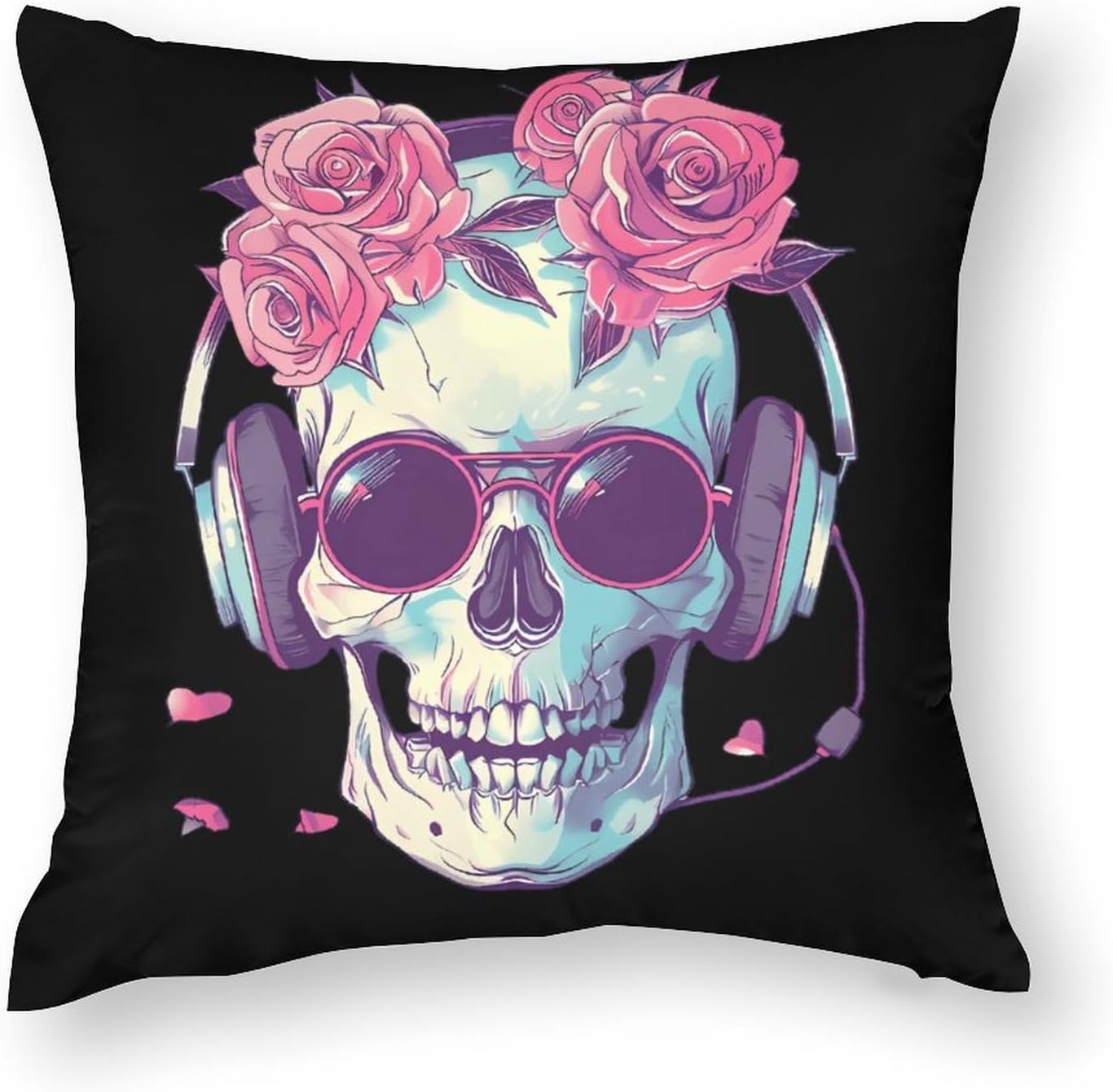 Rose Skull with Headphone Printed Throw Pillow Case 4 Pcs Soft Pillowcases Pillows Covers Sofa Bed Decor 12/14/16/17/18/20/22/24/32 Inches