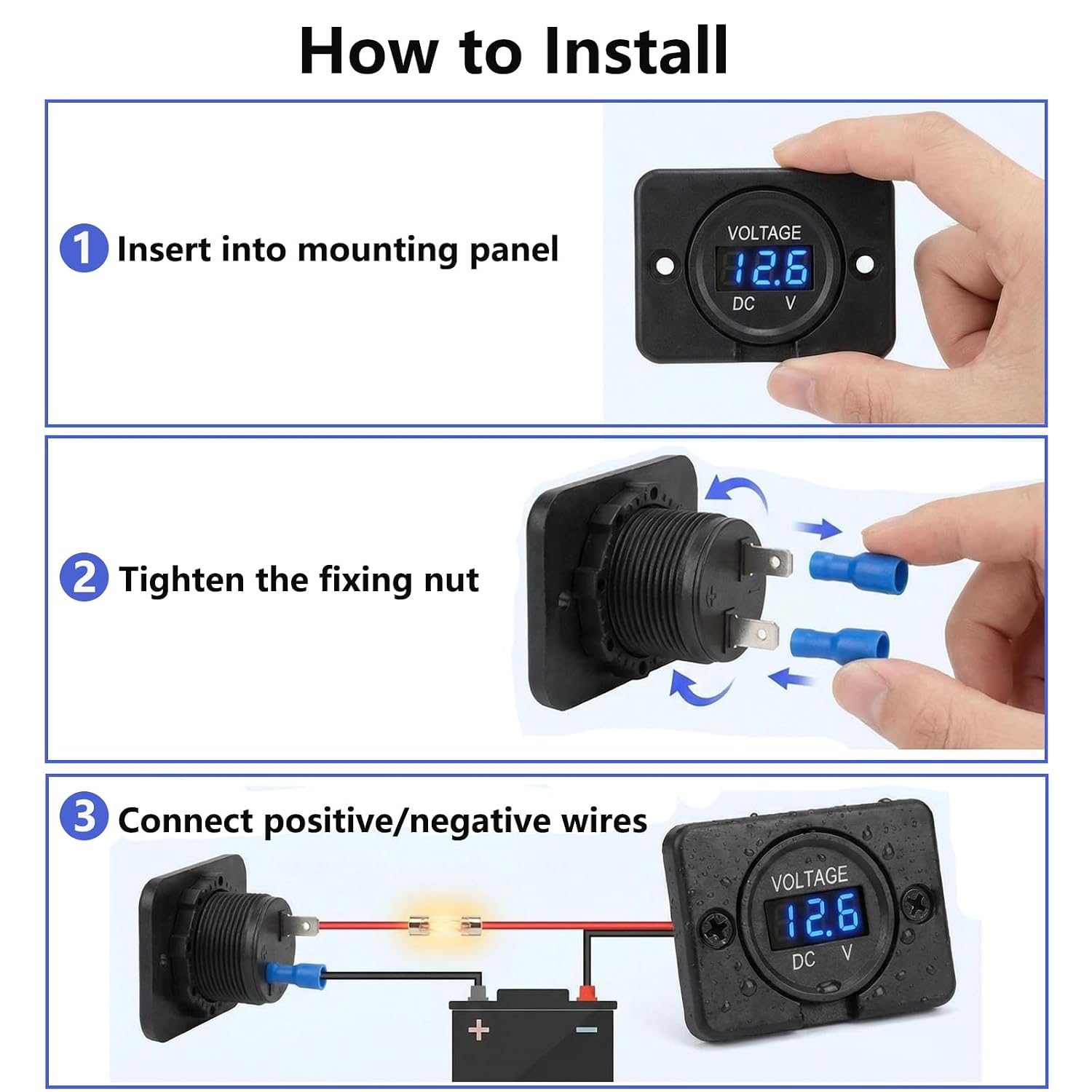 Car Battery Voltage Meter 12V/24V DC, Waterproof LED Digital Voltmeter with Blue Light, Round Panel Mount Battery Monitor for Marine Boat Automotive Motorcycle Truck RV