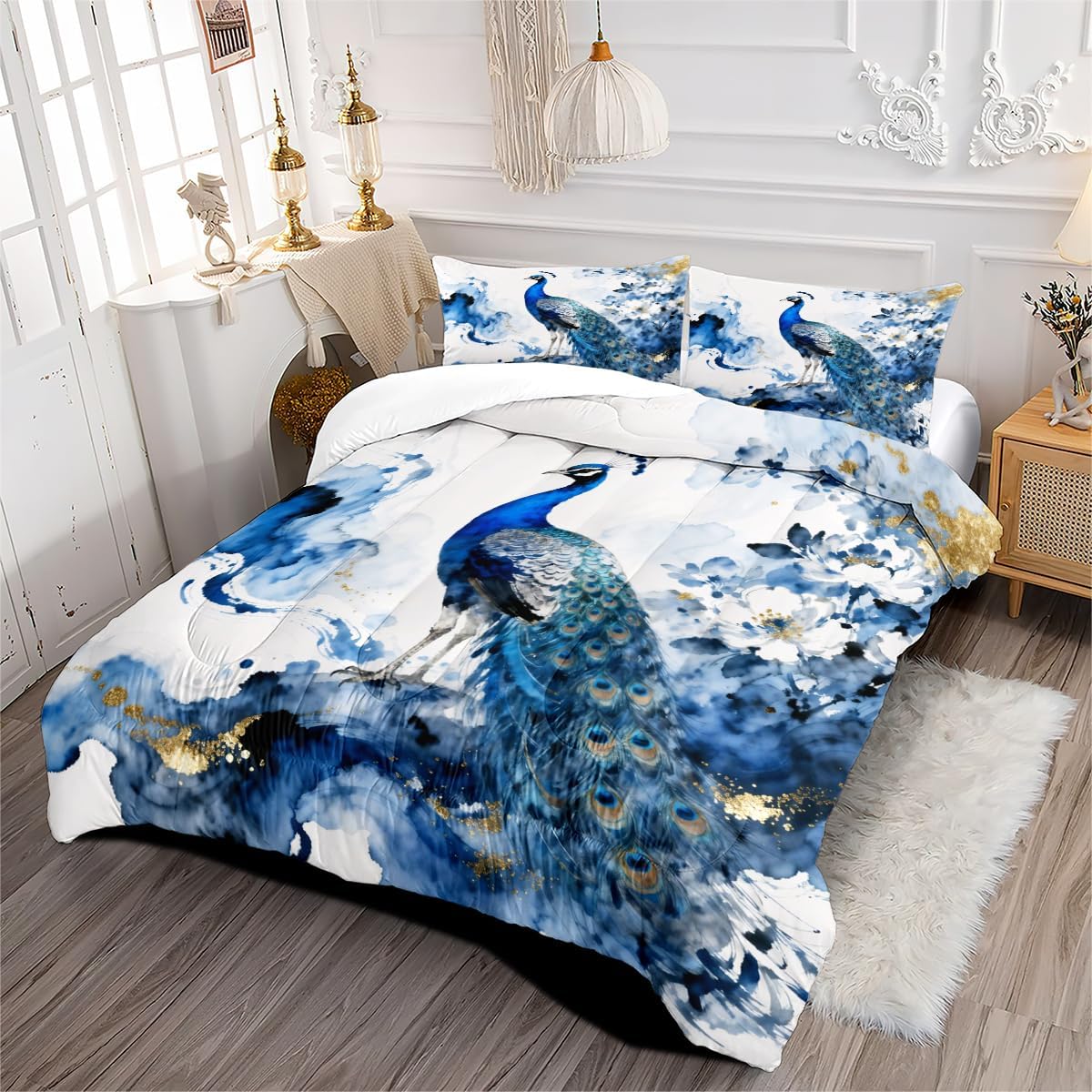 CCoutueChen Peacock Comforter Set Queen 3 Pieces Blue Floral Bird Bedding Set for Teens Elegant Comforter with 2 Pillowcase, Super Soft Microfiber All Season