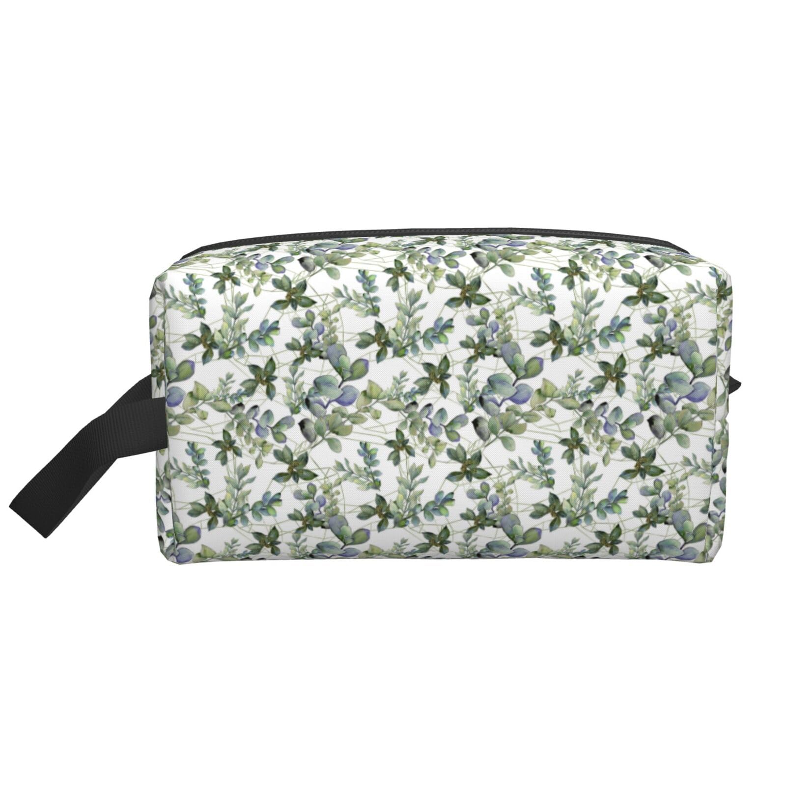 Ercgad Unisex White Green Eucalyptus Leaves Print Large Capacity Travel Toiletry Bag Cosmetic Pouch Daily Storage Makeup Case