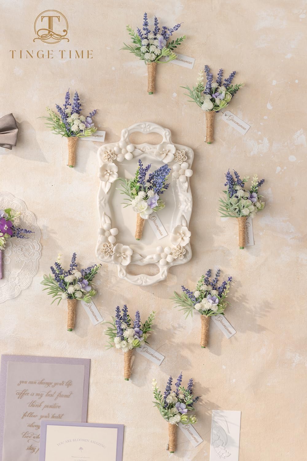 TINGE TIME Boutonniere for Men, Groom and Best Man Boutonniere for Wedding Ceremony Anniversary, Formal Dinner Party and Rustic Wedding Marriage (10, Lavender)