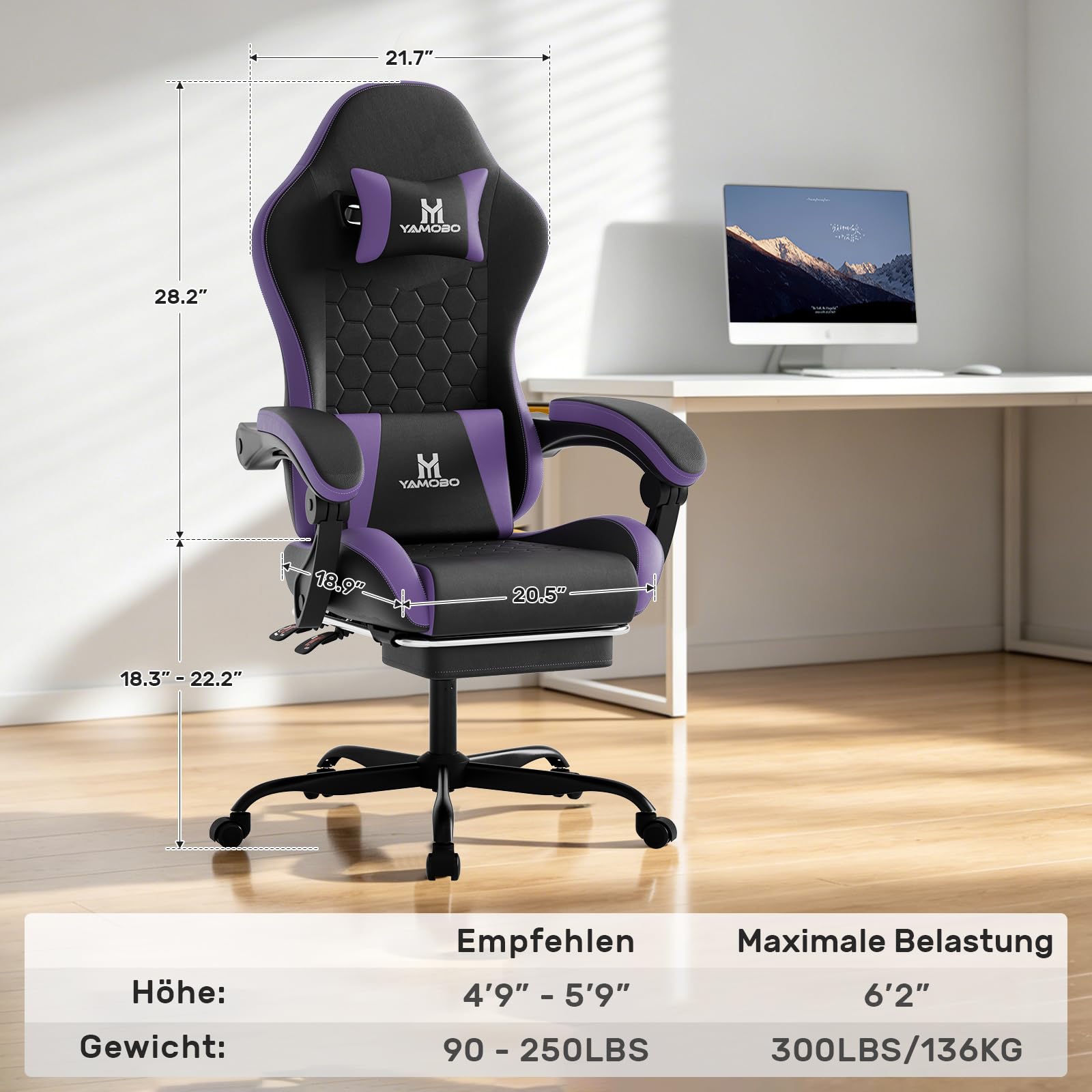 Gaming Stuhl Ergonomisch Gamer Stuhl mit Fußstütze Kopfstütze und Massage Lendenstütze Racing Gaming Chair mit Höhenverstellbaren Gamingsessel 135° neigbar 150 KG SchwarzLila