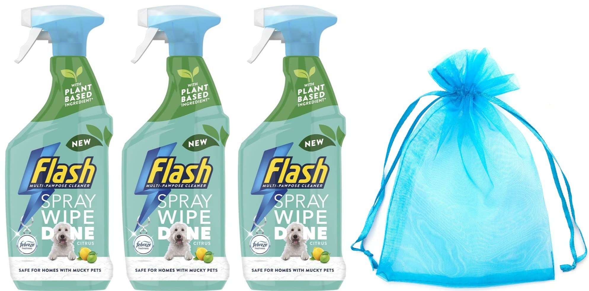 Flash Multi Purpose Cleaning Spray Wipe&Done for Pet Lovers, 800ml, with Febreze Citrus Fresh Scent, 3Pk + Our Gift for You: Organza Bag Size: 9x7x0.1cm
