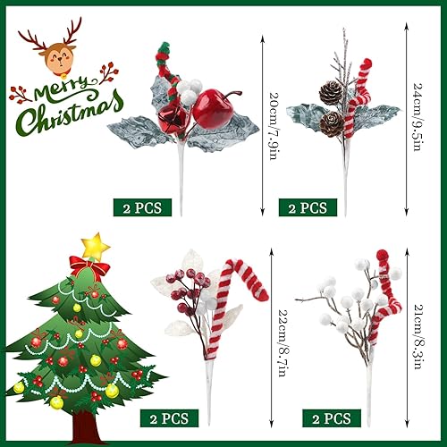 Miniatura 2 de Jangostor 6 púas florales de Navidad para bastones de caramelo de Navidad, púas de bayas artificiales con cascabeles, piñas de pino, hojas de acebo