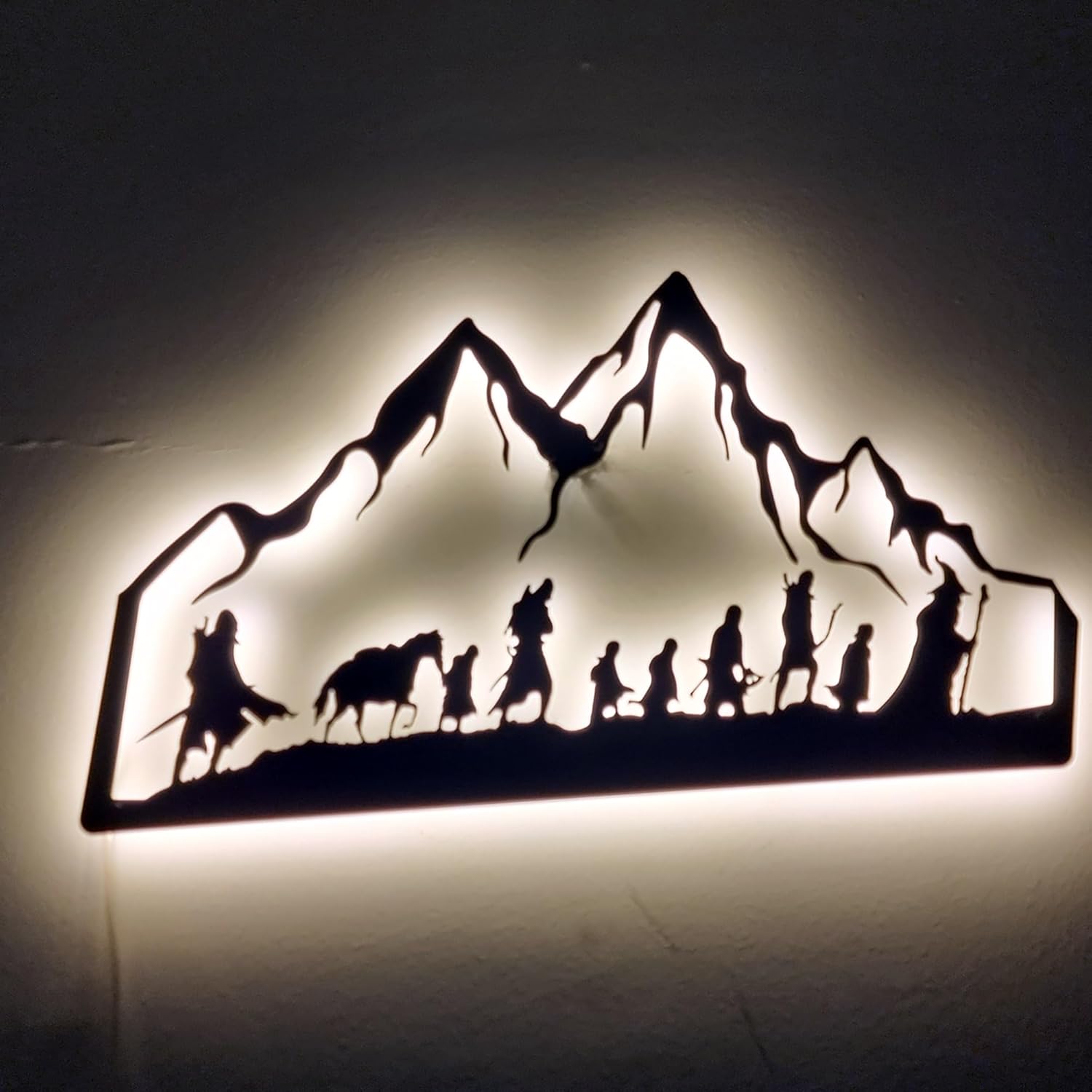 Lord of the Rings Handmade Metal Wall Art with LED Backlight – Fantasy Mountain Silhouette with Adventurers – Black Steel Wall Decor, LOTR Gift - Movie Room Art (20x11 Inch / 50x28cm)