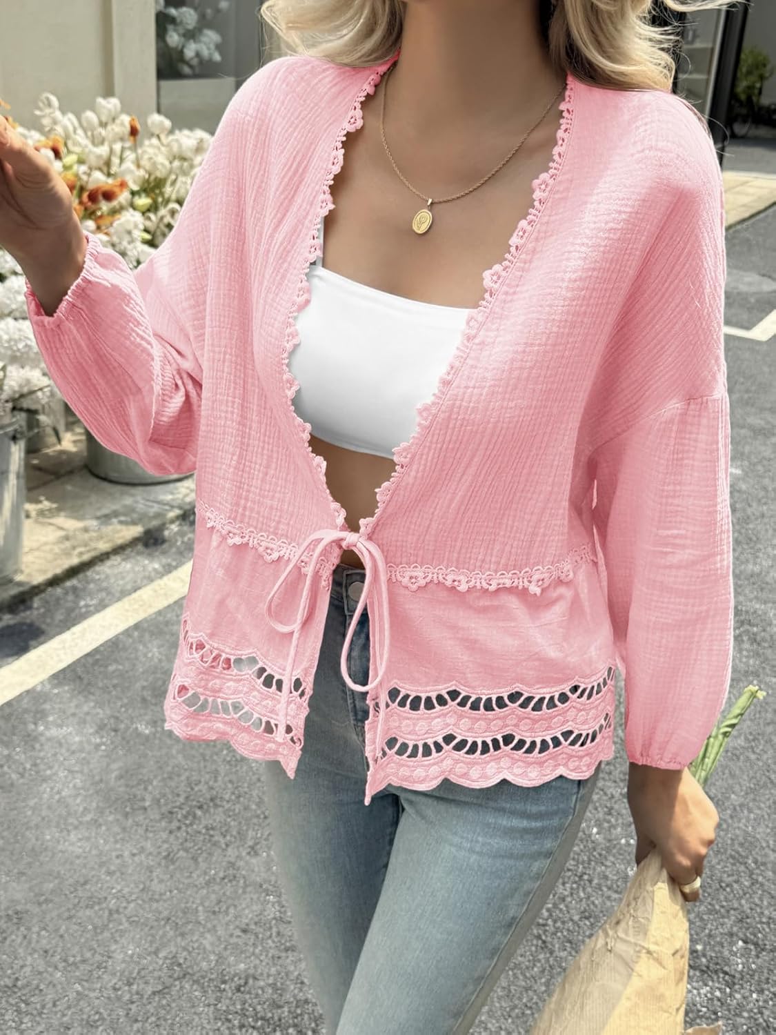 Tankaneo Womens Deep V Neck Tie Front Blouse Cotton Long Puff Sleeve Eyelet Tops Cute Lace Trim Flowy Ruffle Shirts Pink - Image 5