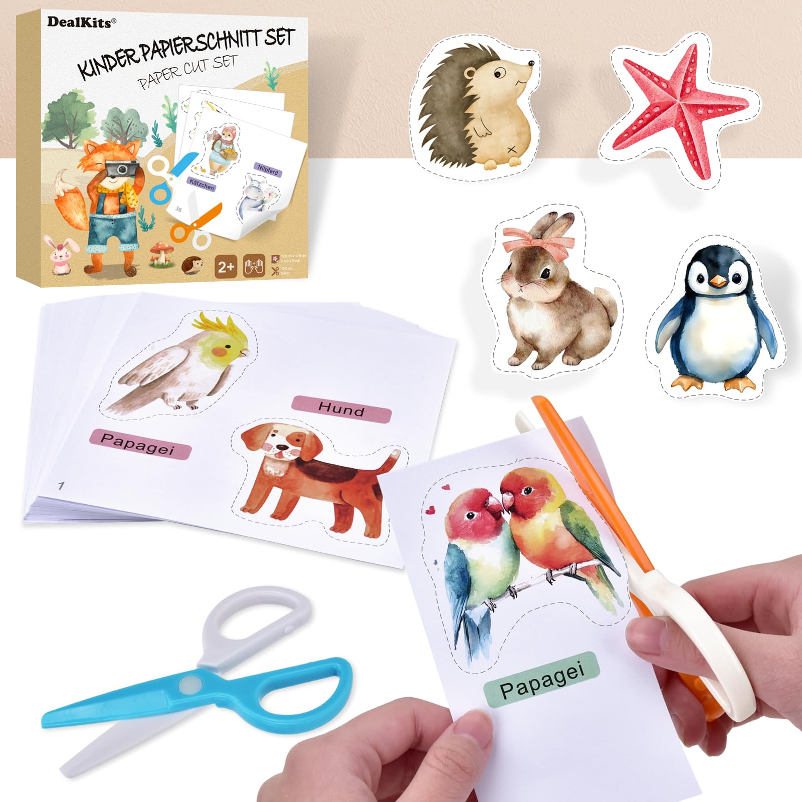 Kinder Papierschnitt Set, 2 Stück Kinder Sicherheit Schere + 48 Blatt Papier mit je 2 Tieren, Papierschneid-Aktivitätsset Vorschule Kindergarten Kita Spaß DIY Lernspielzeug Pädagogisches Spielzeug
