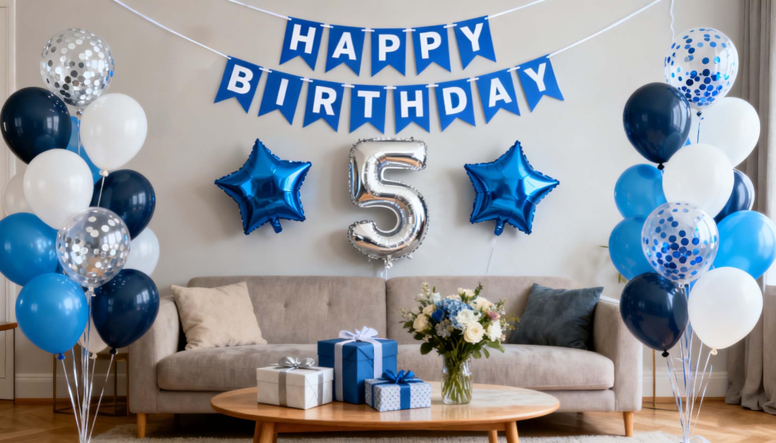 5th Birthday Decorations Blue for Boys, 5th Birthday Banner Balloon Blue Silver, Number 5 Birthday Star Foil Balloons Latex Confetti Balloons for Boys