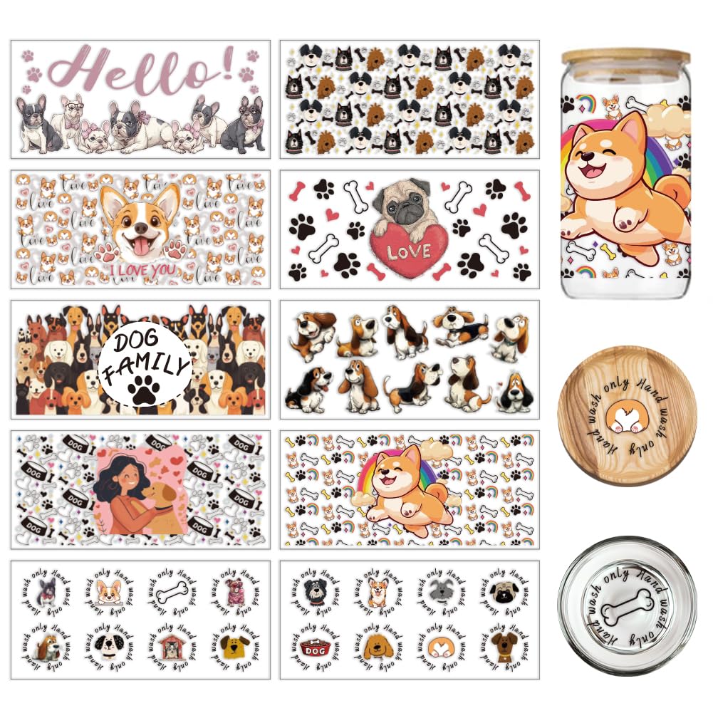 arricraft 10 Sheets Dog Theme UV DTF Cup Wrap for 16OZ Glass