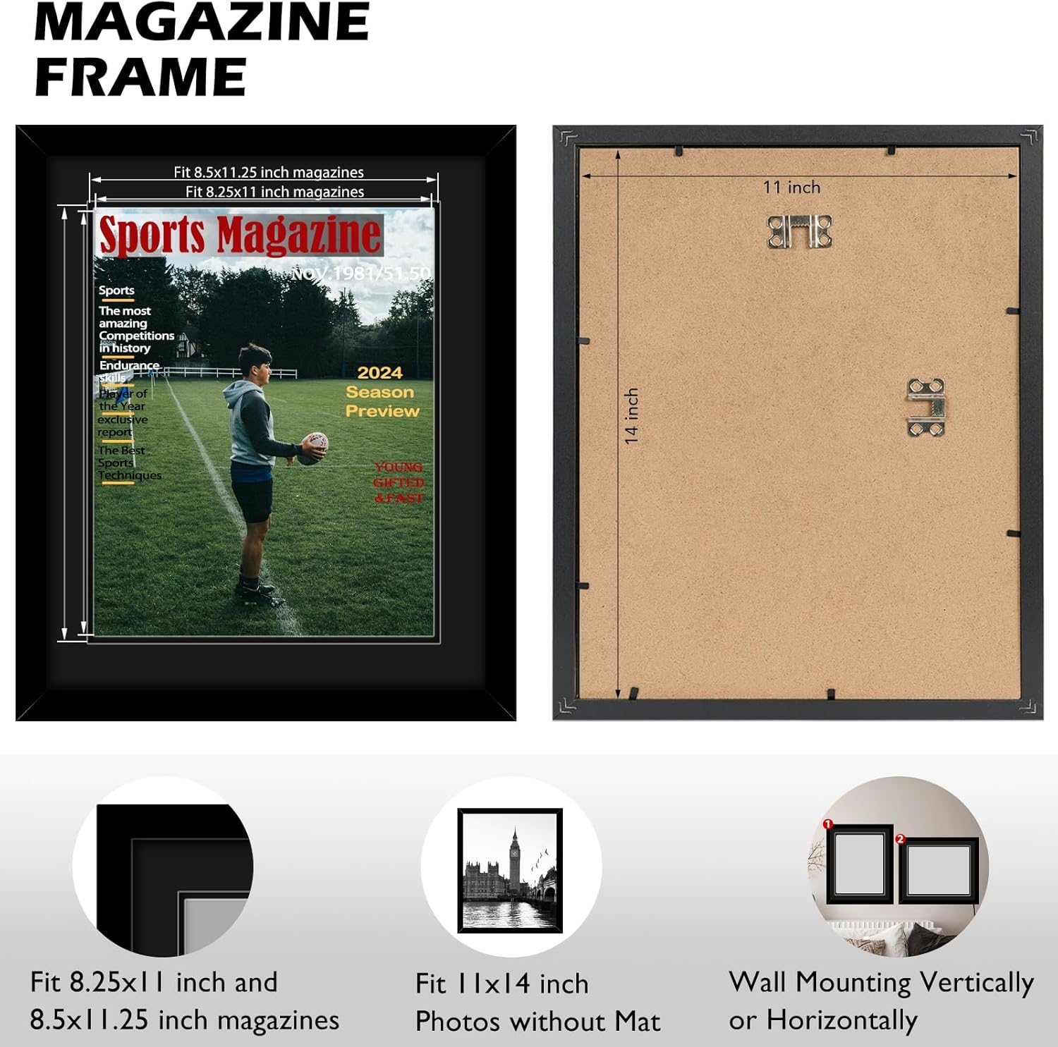 4 Pack Sports Magazine Frame Display 8.5 x 11.25 or 8.25 x 11 Magazine with 2 Sizes Black Mat, or 11x14 Photos without Mat, Magazine Display Frame with Shatter Resistant Plexiglass for Wall, Black