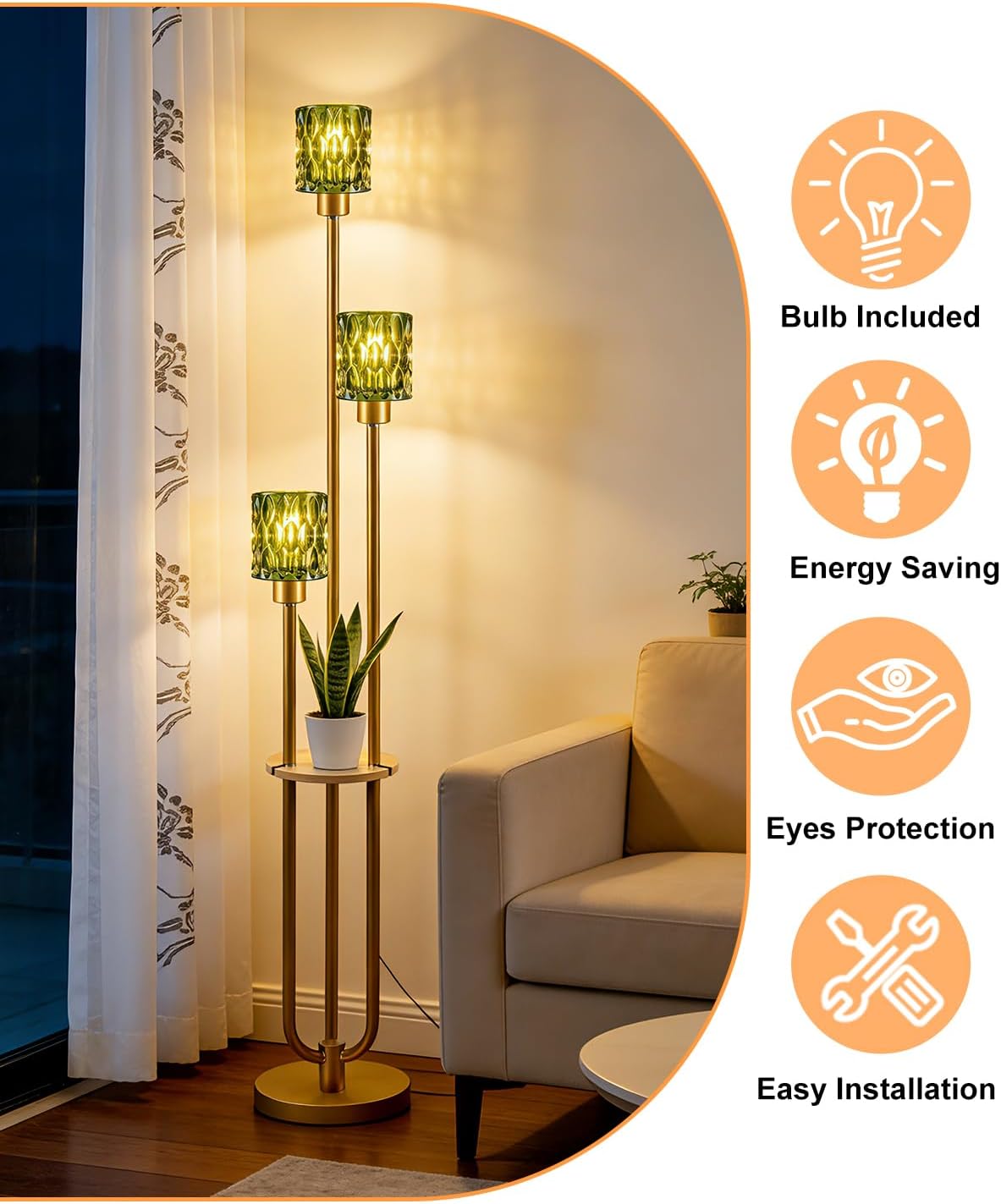 Lightdot 3-Lights Glass Floor Lamp for Living Room Modern Gold Floor Lamps with Green Glass Shade for Wedding/Party Farmhouse Tall Standing Lamp for Bedroom/Sofa Beside/Corner Decor
