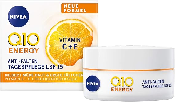 NIVEA Q10 Anti-Wrinkle Energy Vitamin C Day Cream, Moisturising Face Care with Q10, Vitamin C and Guarana Extract, Face Cream with SPF 15 for Tired Skin (50 ml)