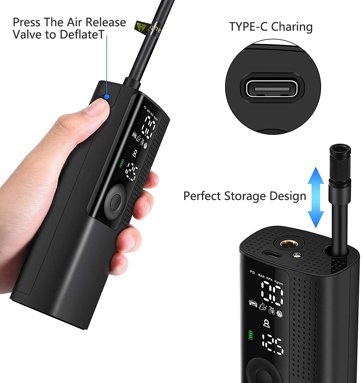COMPRESOR DE Aire PORTÁTIDO Mini INFLADOR DE Aire Mano DE Tire Bomba con Digital LED LED Luz 12 0 PSI para Bicicletas de automóviles y Otros inflables.