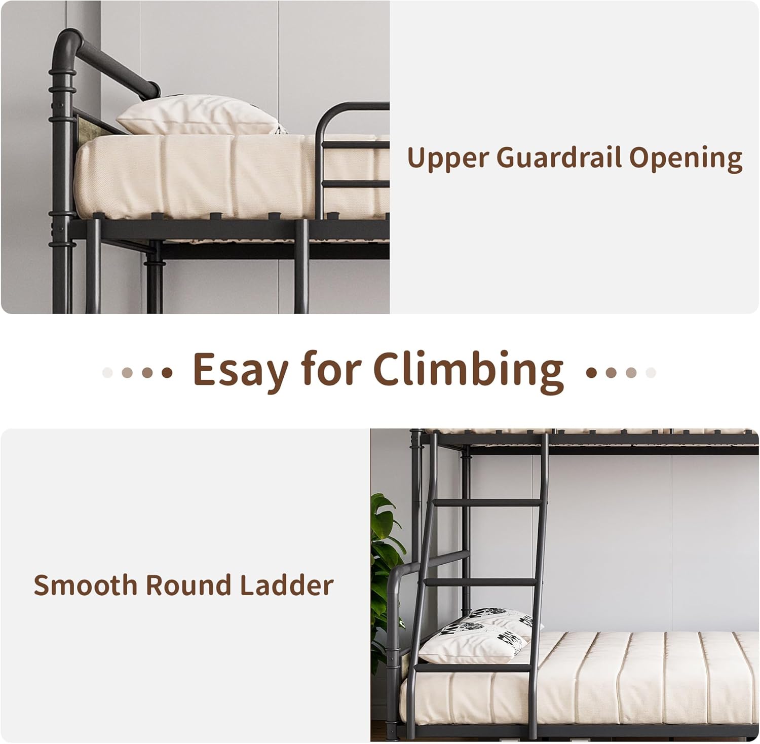 GarveeHome Metal Bunk Bed Twin Over Full Size with Angled Ladder, High Guardrail, Heavy Duty Bunk Bed Frame with Metal Slats, Smooth Rounded Edges, for Kids, Teens, Adults, Black+Grey