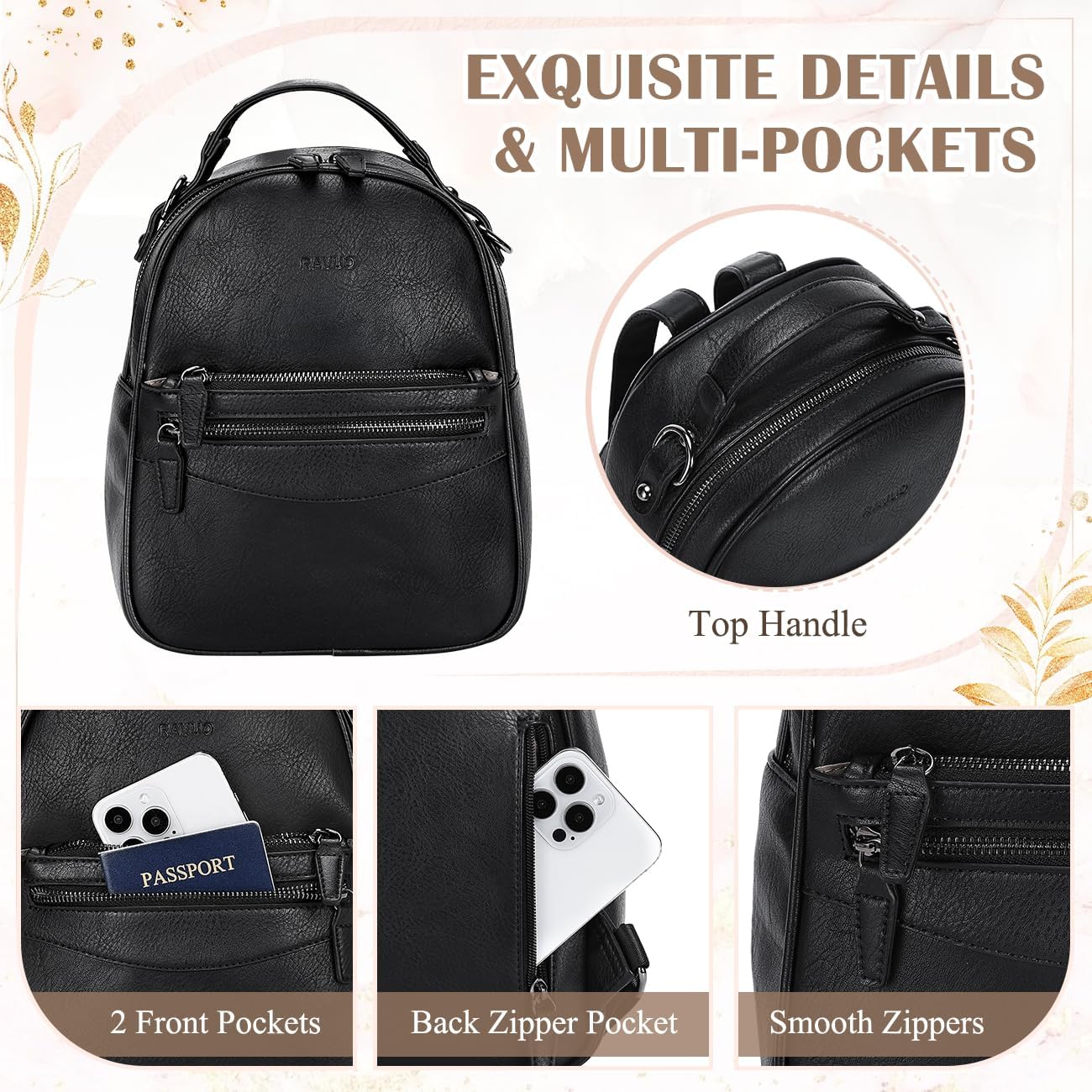 RAVUO Mini Backpack for Women, Small Leather Backpack Purse Fashion Handbag Convertible Ladies Trendy Shoulder Bag for Work,Travel,Black - Image 4