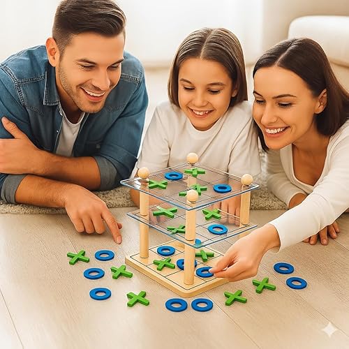 Miniatura 7 de Juego de mesa de madera 3D Tic Tac Toe - Juego de estrategia XO clásico para niños y adultos, divertidos juegos de mesa familiares para la noche,