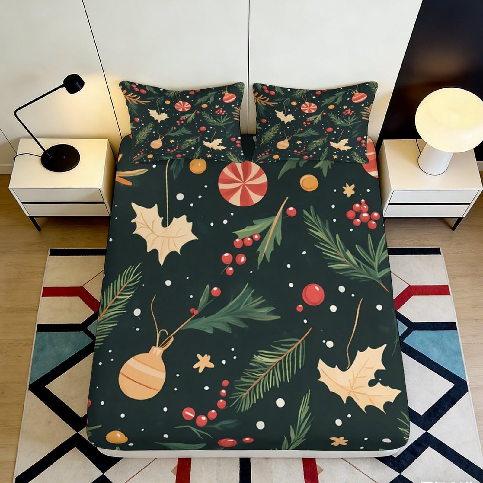 3D Printed Christmas Ornaments Fitted Sheet Microfiber Soft Breathable Holly Berries Bed Cover for Bedroom Dormitory Guest Room Mattress Protection Decor 200x200x25cm