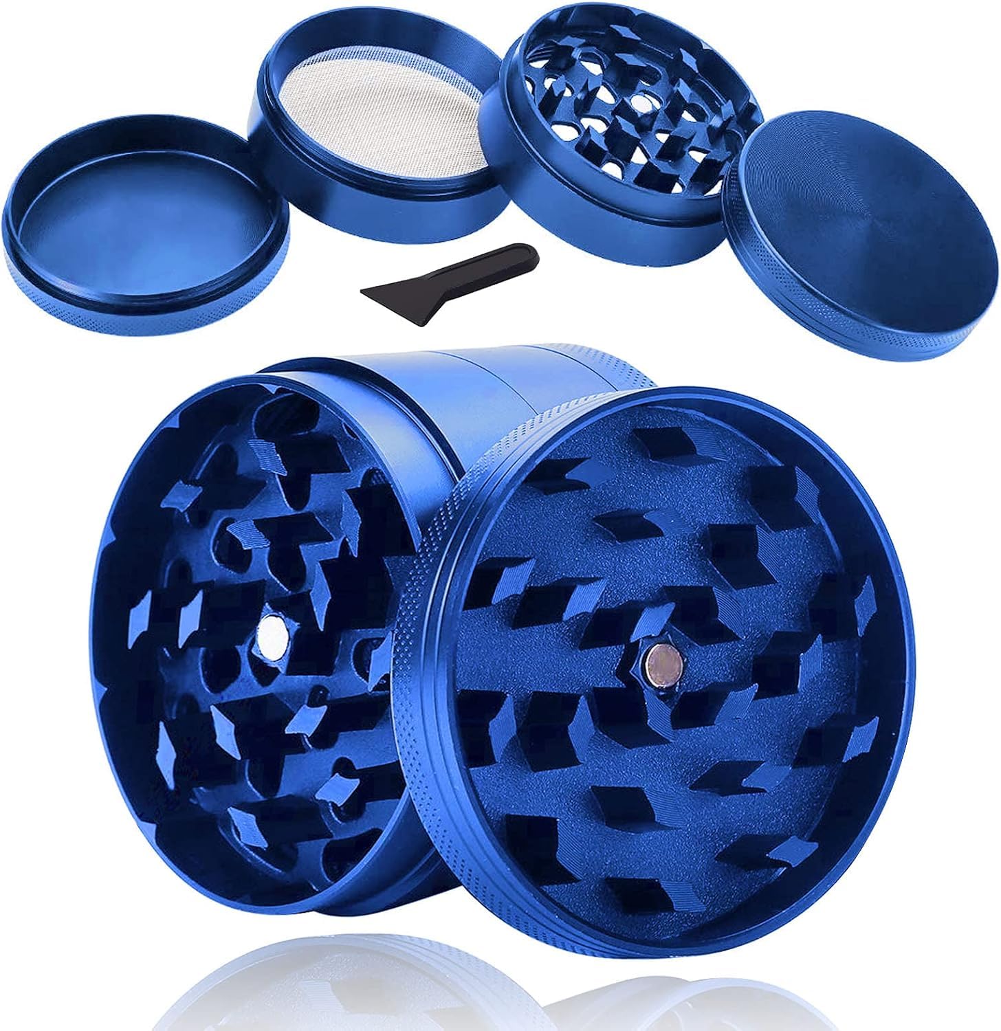 Molinillo de polen, aleación de cinc, molinillo para hierbas, especias, hierbas, café, juego de 4 piezas con raspador de polen, color azul