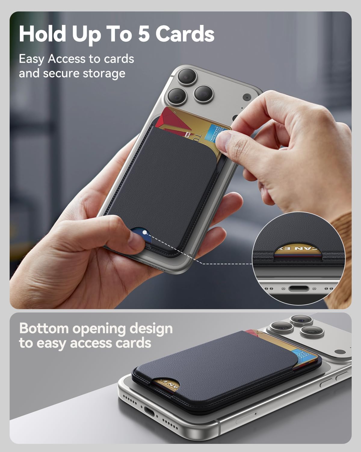 Meyaar Magnetic Wallet for iPhone & Android | MagSafe Card Holder with 2 Adhesive Metal Rings | 5 Card Holder for MagSafe Cases & Android Phones | Vegan Leather (Black) — Amazon image 22