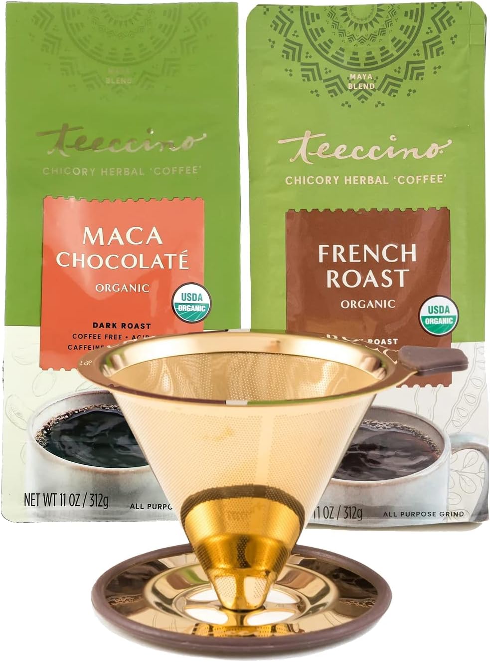Teeccino Pour Over Coffee Maker with 2 (Two) 11 Ounce Bags Chicory Coffee Alternative - Maca Chocolate and French Roast – Prebiotic, Caffeine Free, Acid Free, Stainless Steel Gold Coffee Dripper