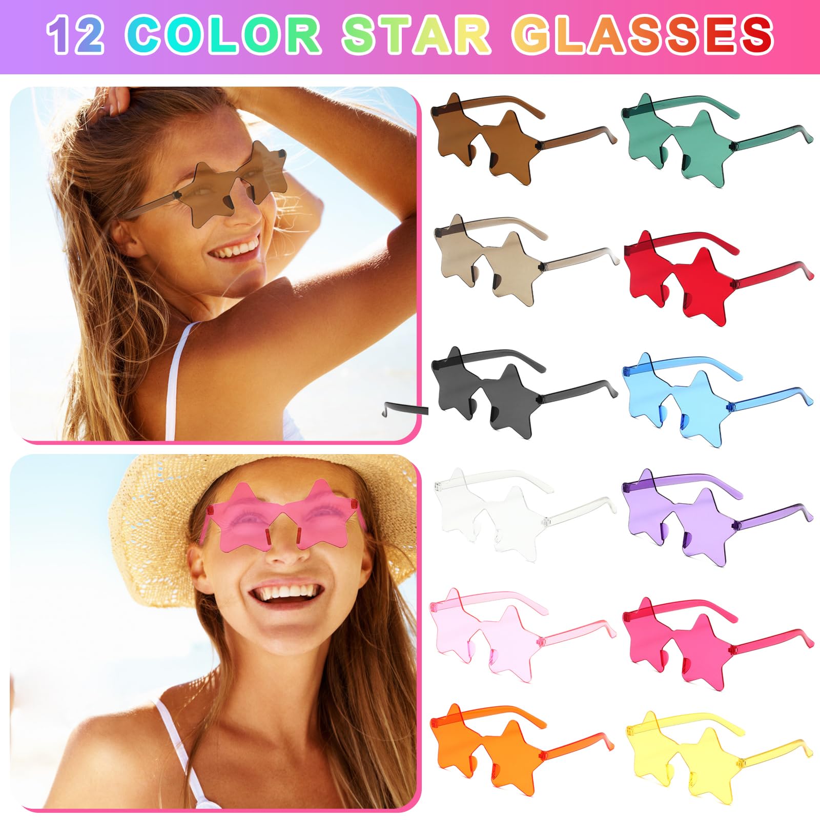 24 Paia Occhiali da Sole a Cuore,Occhiali da sole senza montatura cuore/stella,Occhiali da Sole Colorati per Festival Accessori,Carnevale, Feste di Compleanno,per Bambini e Adulti