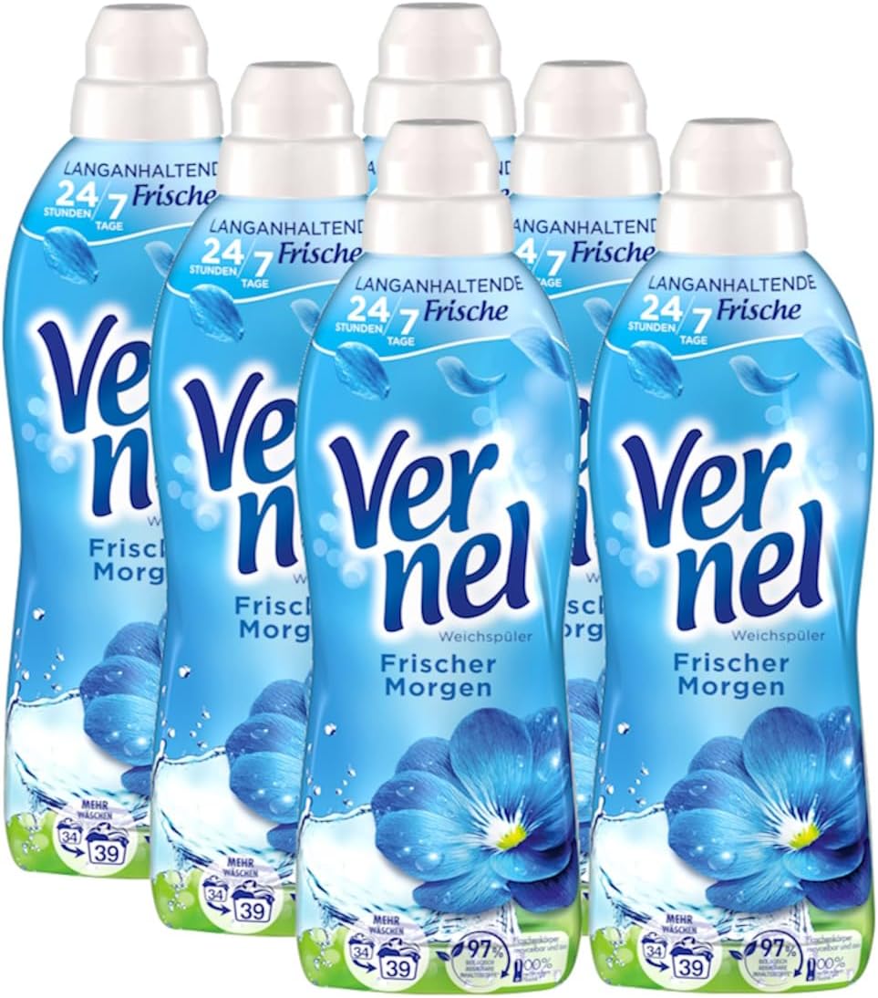 VernelFresh Morning Fabric Softener, 204 (6 x 34) Washes, Laundry Fragrance for 24 Hours & 7 Days Long-Lasting Freshness with Unique Fragrance Technology, Recyclable BottleA.I.S.E. Charter for Sustainable CleaningA.I.S.E. Charter for Sustainable Cleaning
