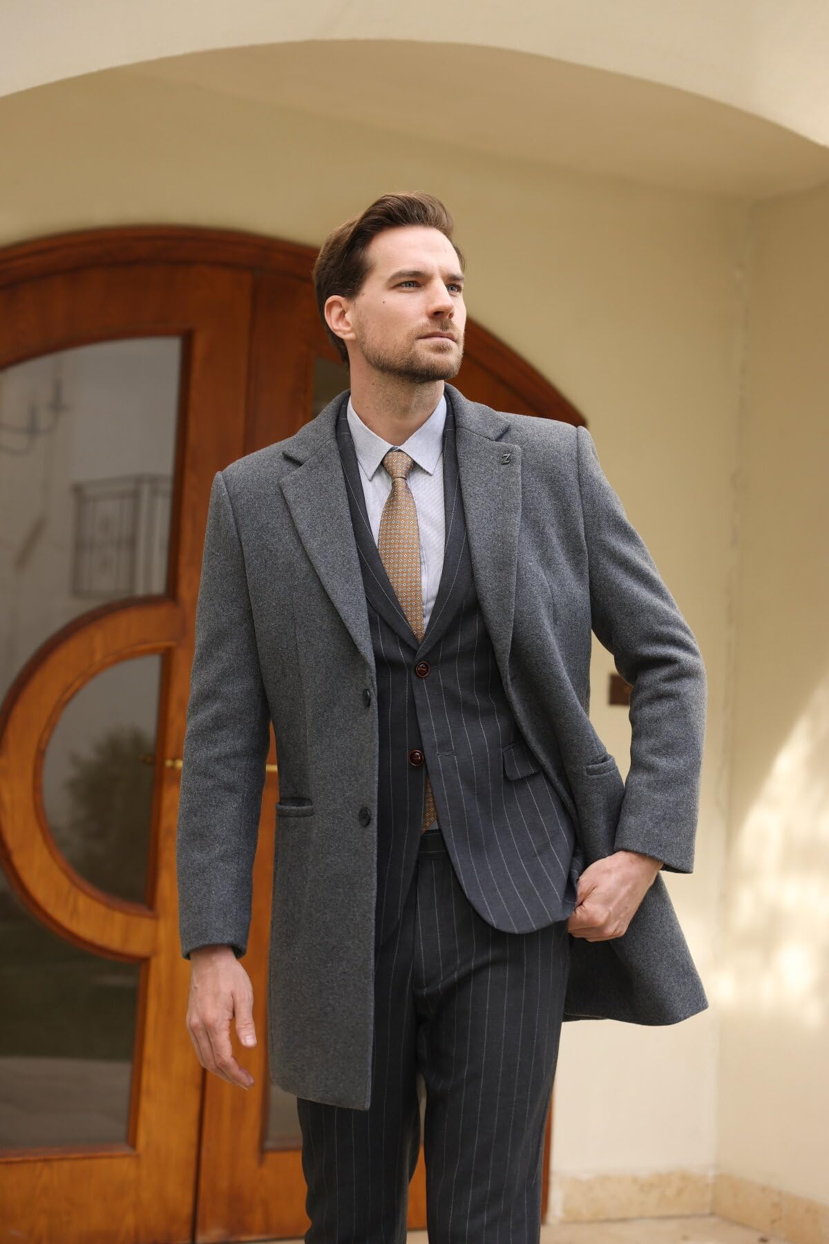Allthemen Herren Wintermantel Slim Fit Lang Wollmantel mit Stehkragen Warm | Business Casual, Wolle, Mäntel, Winterjacke, Peacoat, Gefüttert, Trenchcoat, Einreihig, mit Knopfleiste