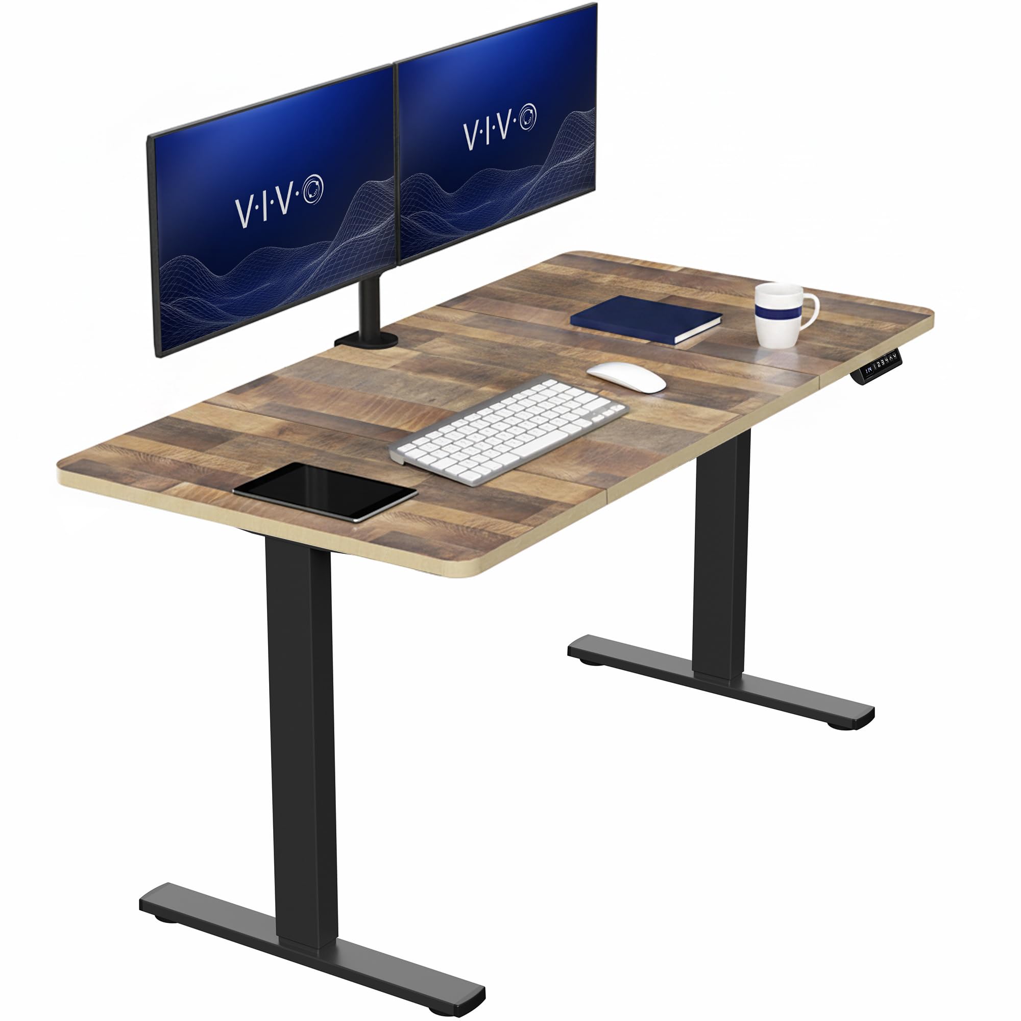 VIVO Reclaimed Wood 60 x 30 in Standing Desk, DESK-KIT-1B6P-30 | Electric, Holds 220 lbs, Sit Stand, Height Adjustable, Extra Deep Table Top, Memory Presets, 1B Series, Black Frame