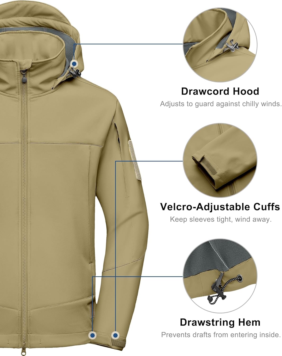 Little Donkey Andy Men's Softshell Jacket Hooded Light Waterproof Tactical Jacket Fleece Windbreaker Jackets with 8 Pockets