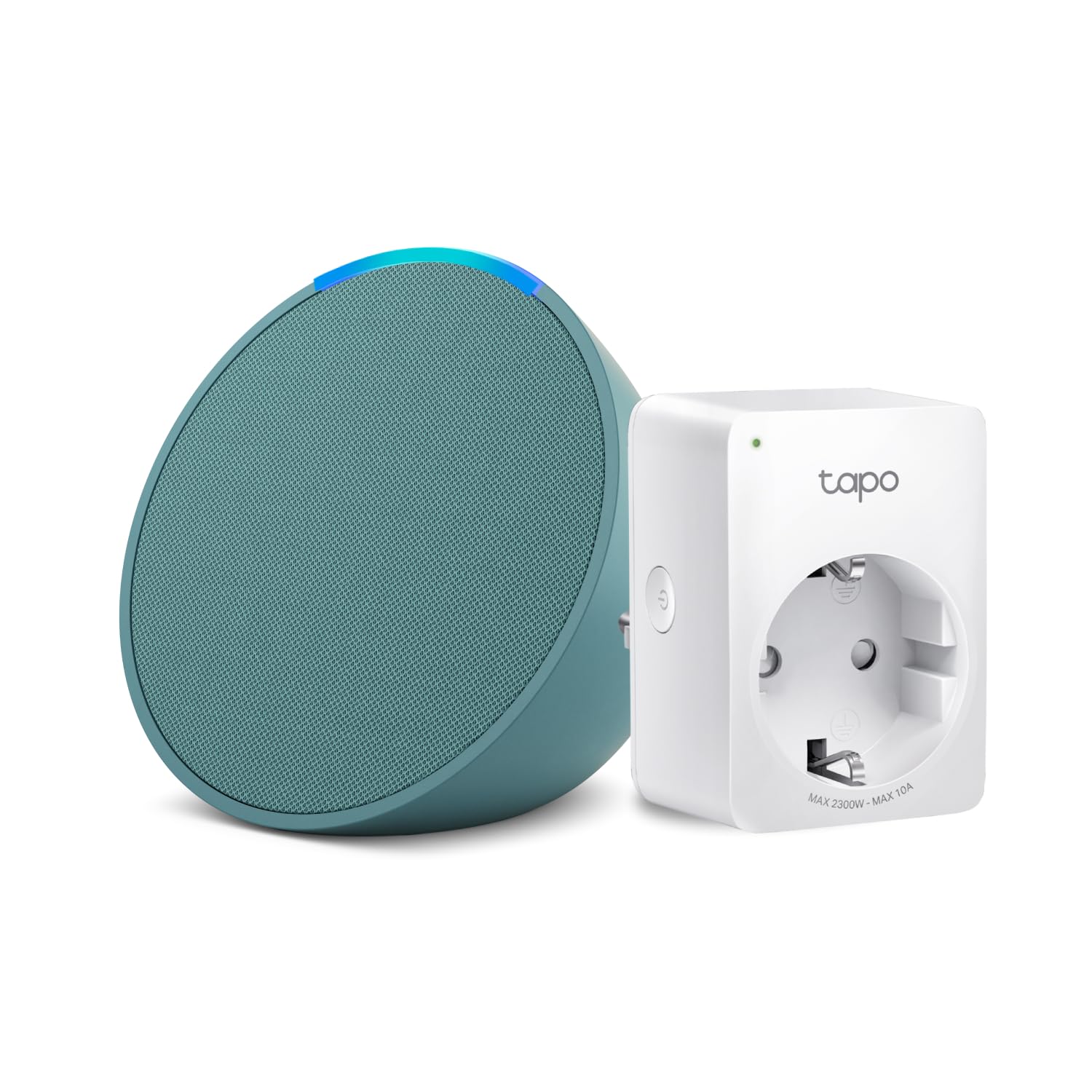 Echo Pop | Verde azulado + Tapo P100MA - Matter Mini Enchufe Inteligente, compatible con Alexa - Kit de inicio de Hogar digital