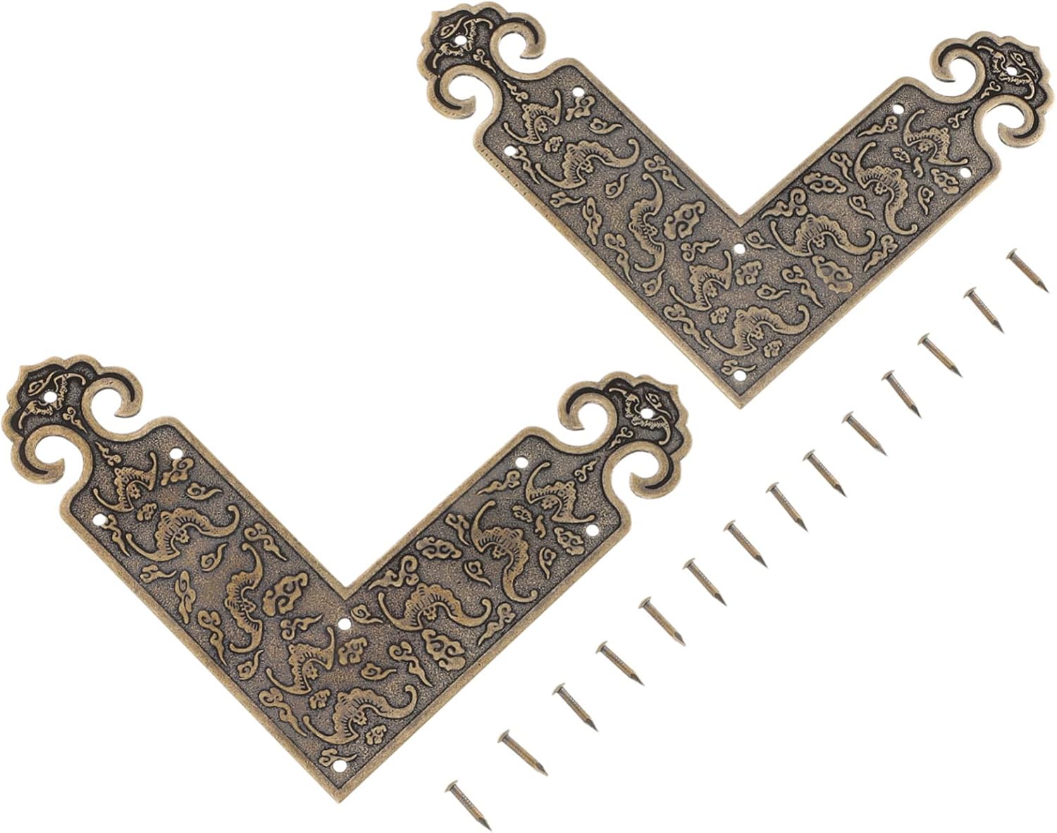 Housoutil 4pcs Retro Brass Decorative Corner Protectors for Furniture Vintage Embossed Corner Guards Durable Shaped Braces for Cabinet Desk Jewelry Box Protection