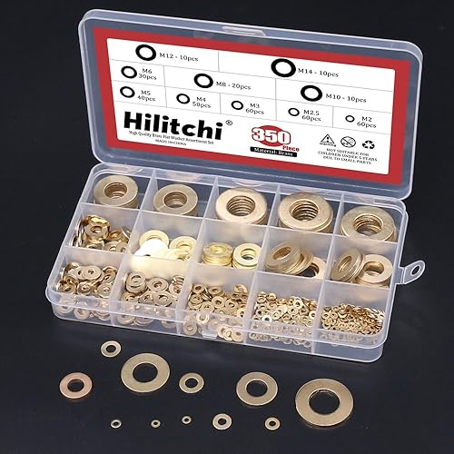 Miniatura 7 de Hilitchi Juego surtido de 350 piezas de arandelas planas de latón M2 M2.5 M3 M4 M5 M6 M8 M10 M12 M14