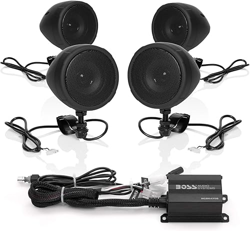 BOSS AUDIO MCBK470B negro 1000W sistema de sonido para motocicletaATV con altavoces Bluetooth dos pares de altavoces impermeables de 3 pulgadas